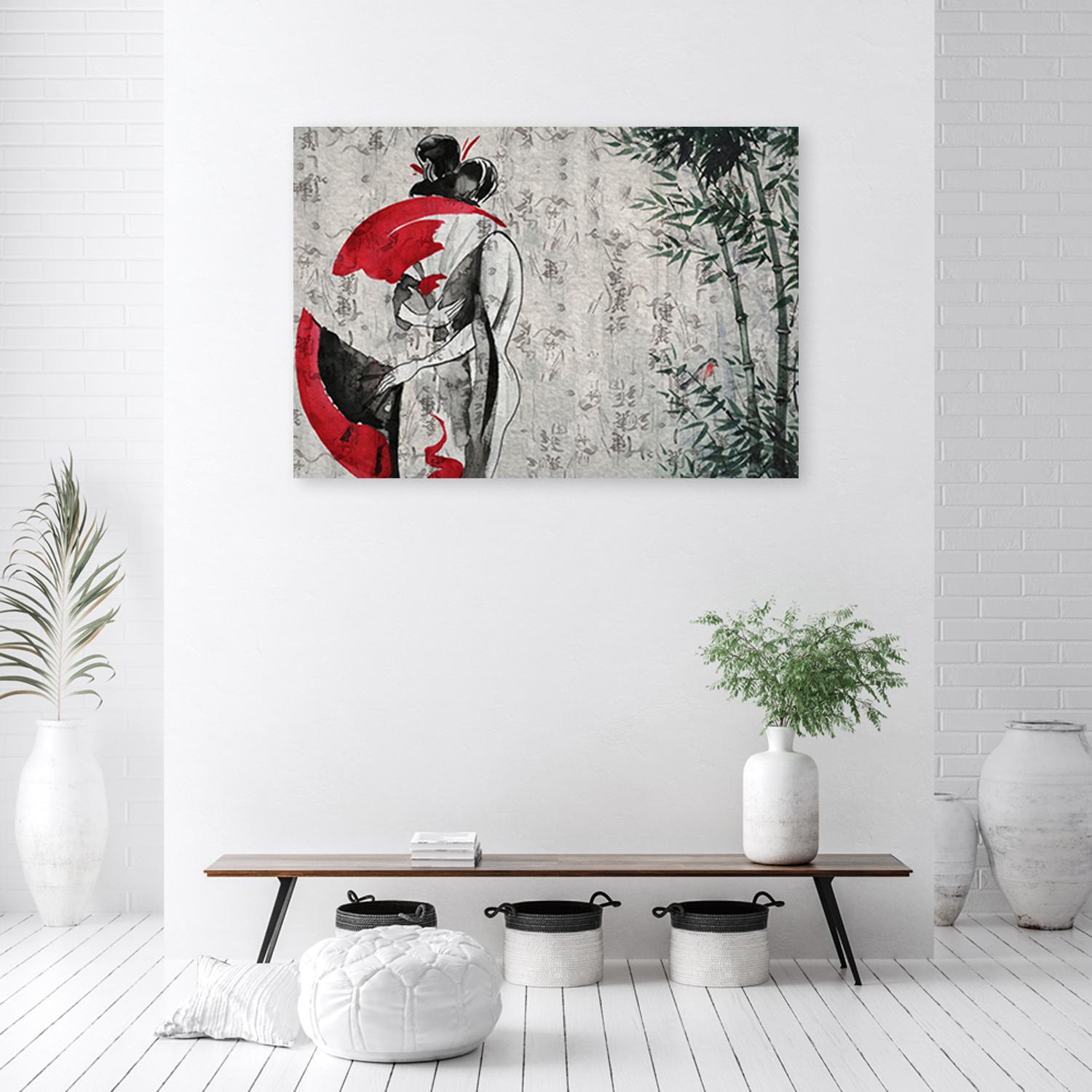 Canvasbillede, japansk geisha med vifte