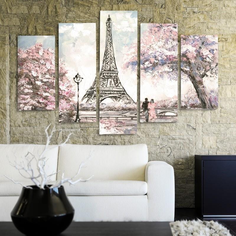 Lærredstryk 5 dele, Paris Eiffeltårnets pastelfarver