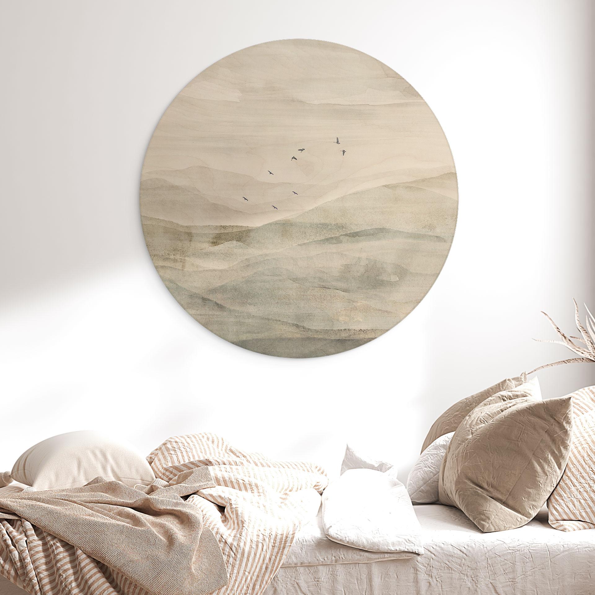 Houten Wanddecoratie Mistig berglandschap aquarel - Ms Tiff - Rond