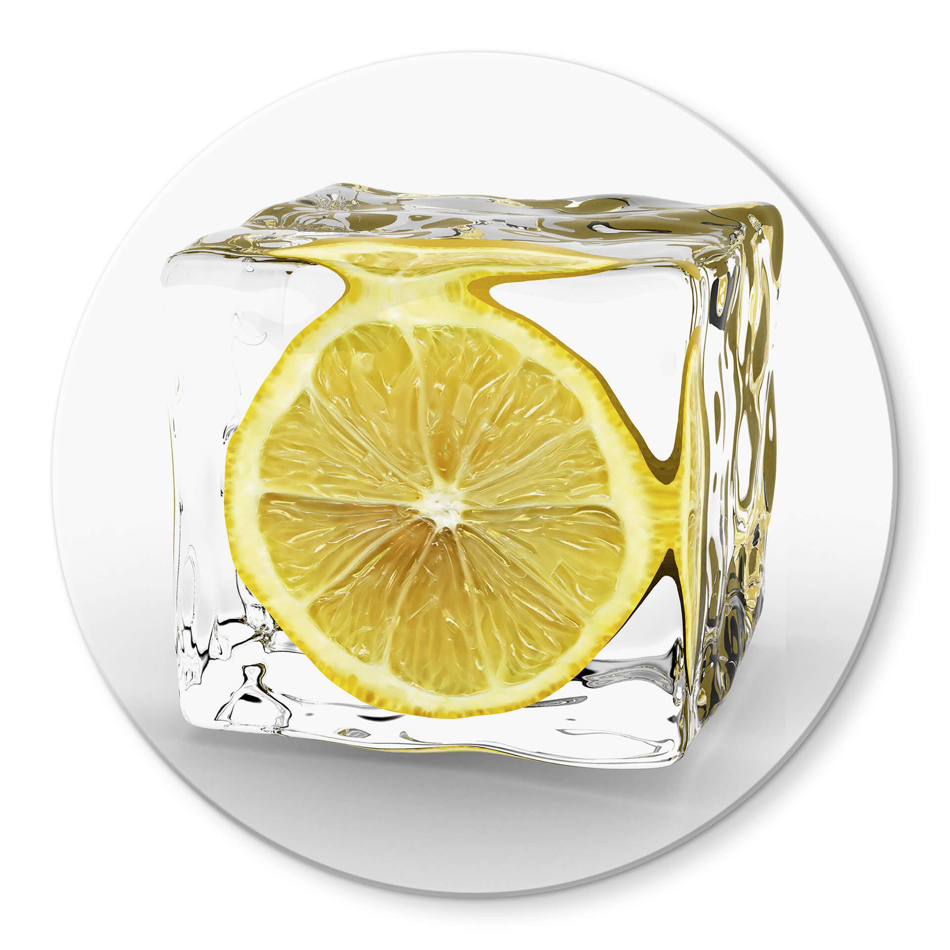 Tableau en verre - Tableau sur verre rond - Glaçon au Citron