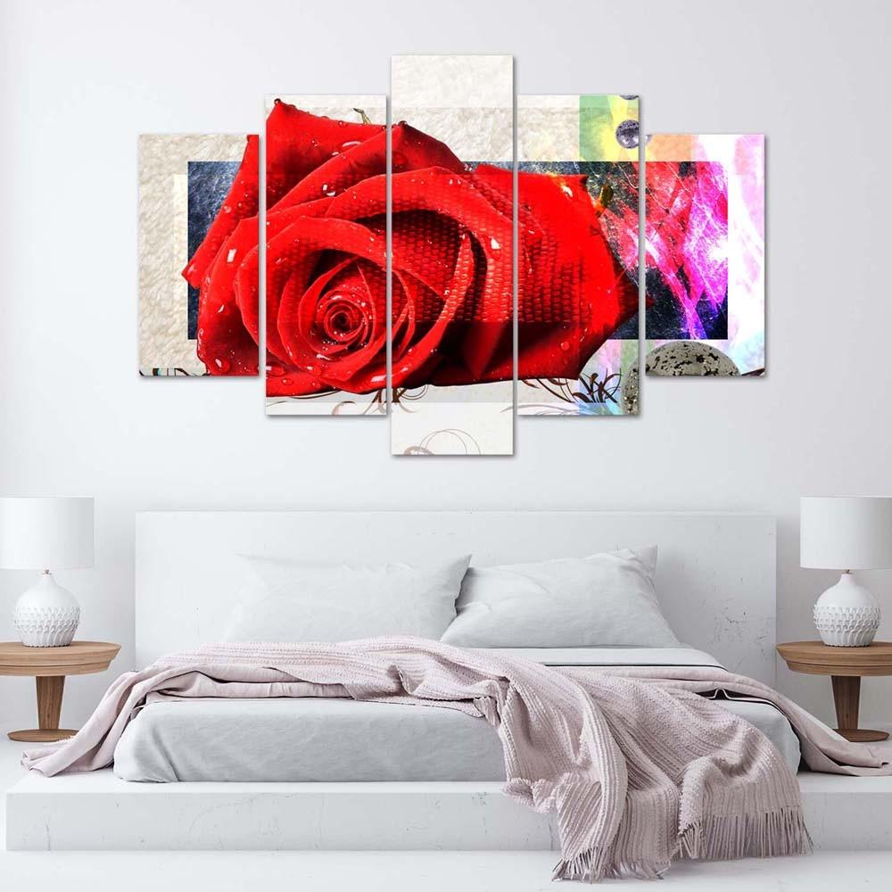 5 stykke lærredstryk Rød Rose Blomster Natur