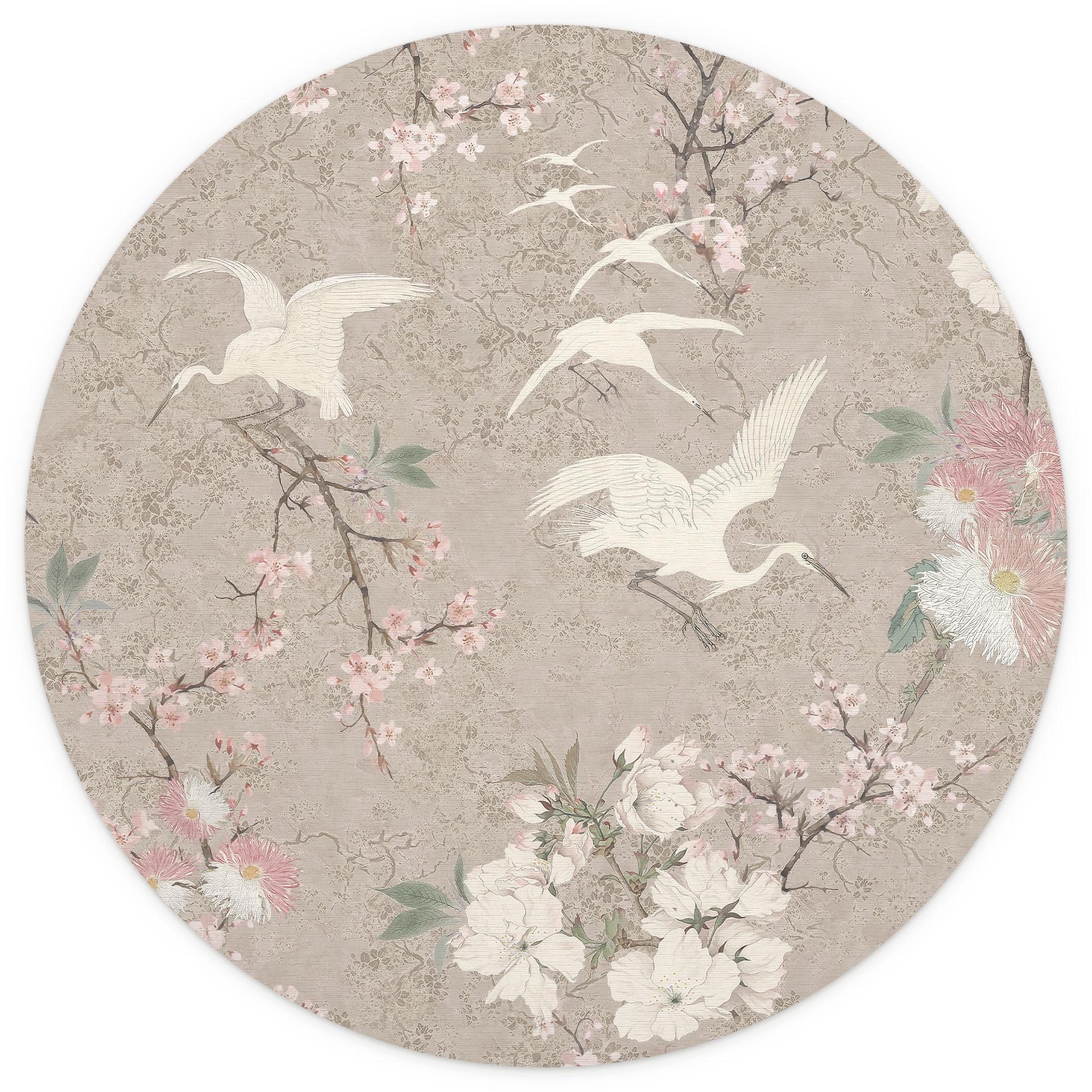 Kraanvogels in Kersenbloesem Rush Beige | Chinoiserie Fotobehang - Bloemdecor - rond - zelfklevend/n