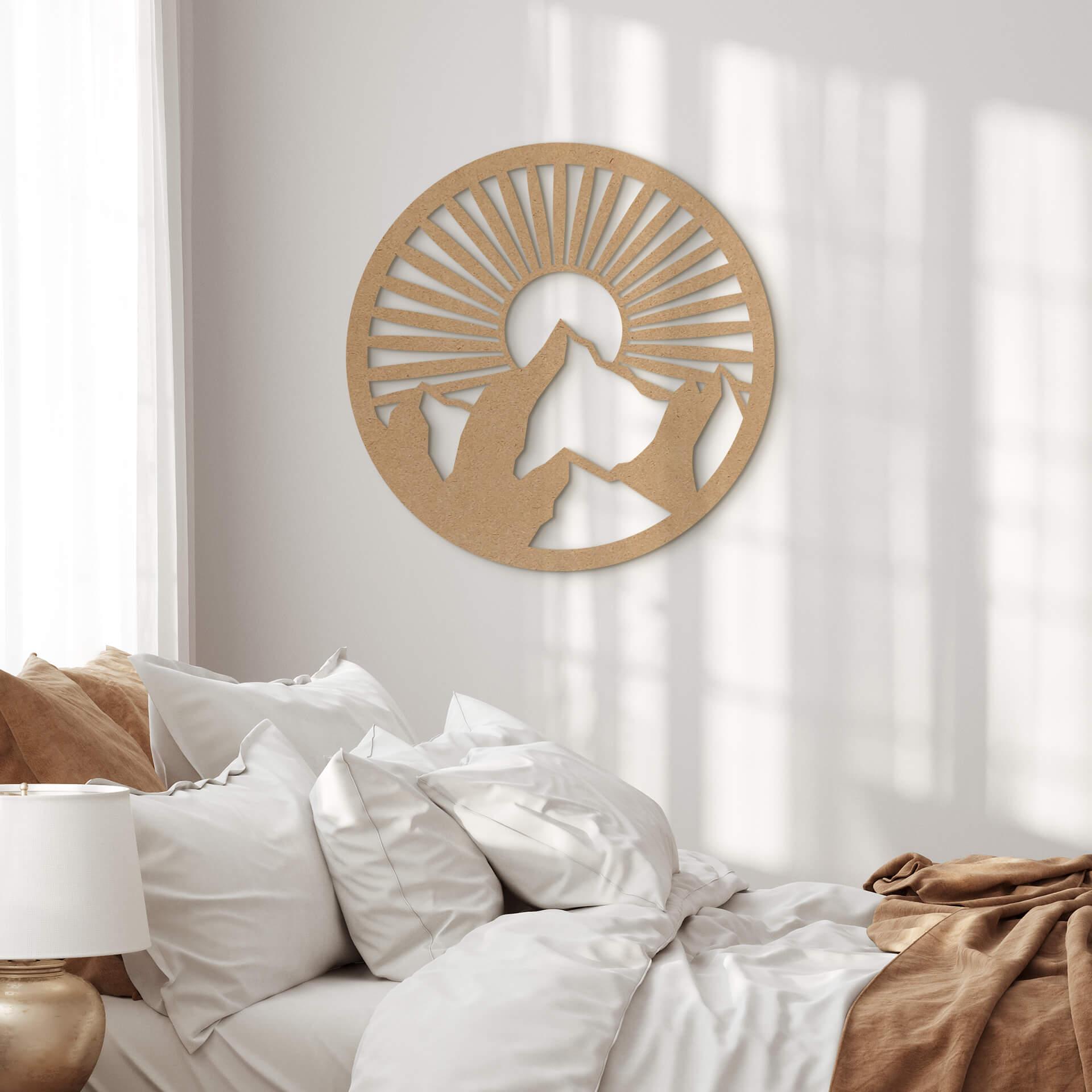 Decoración en madera paisaje de montaña en la puesta de sol - MDF naturaleza redonda