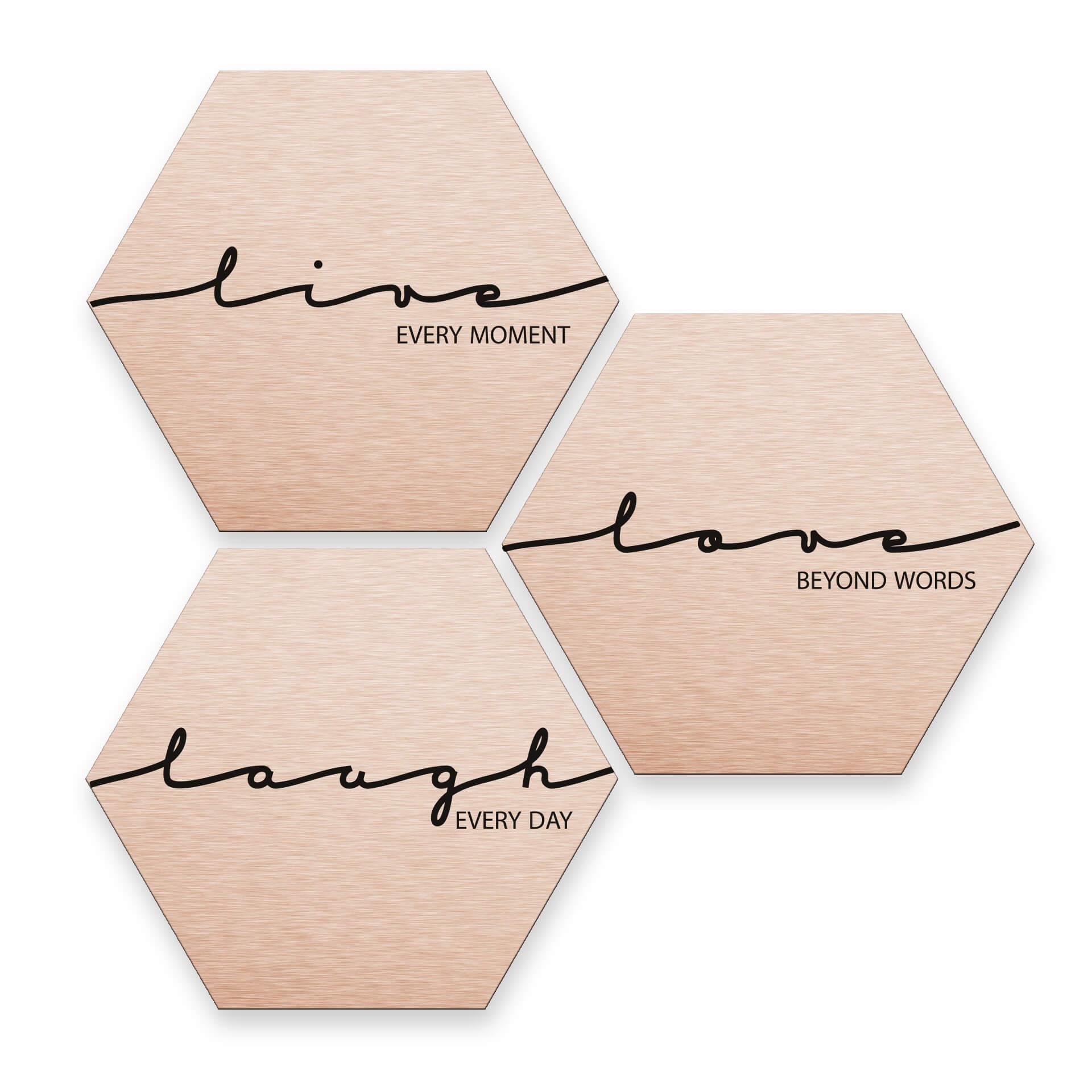 Hexagon alu-dibond koper effect - Live Laugh Love