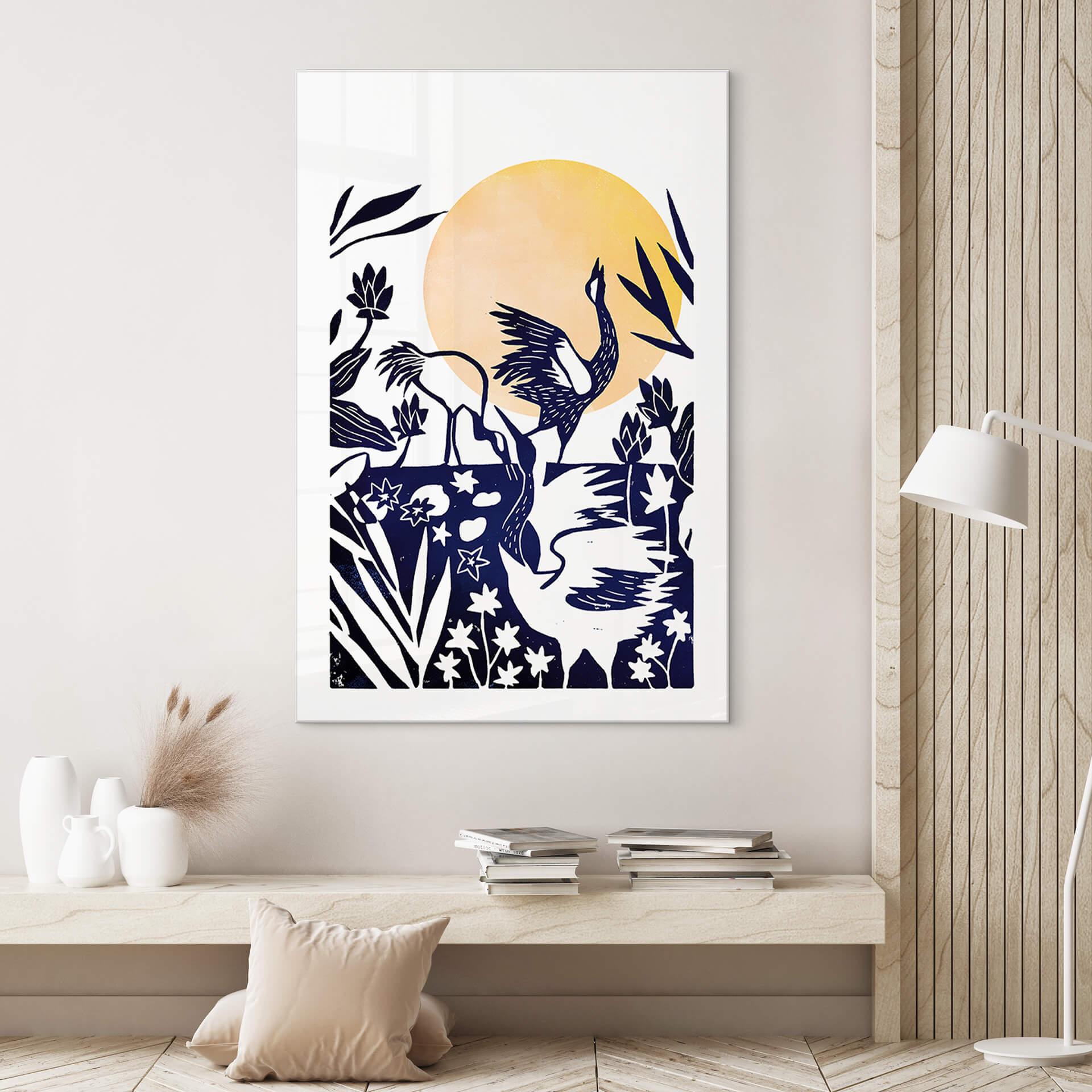 Acrylglasbild Goed Blauw - Linolschnitt Kranich