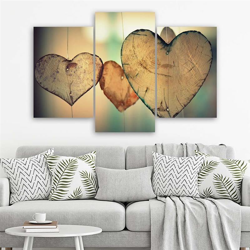 3-delt lærredstryk Heart Wood Love Retro