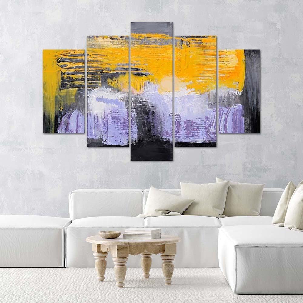Lærred print 5 dele, abstrakt gul violet