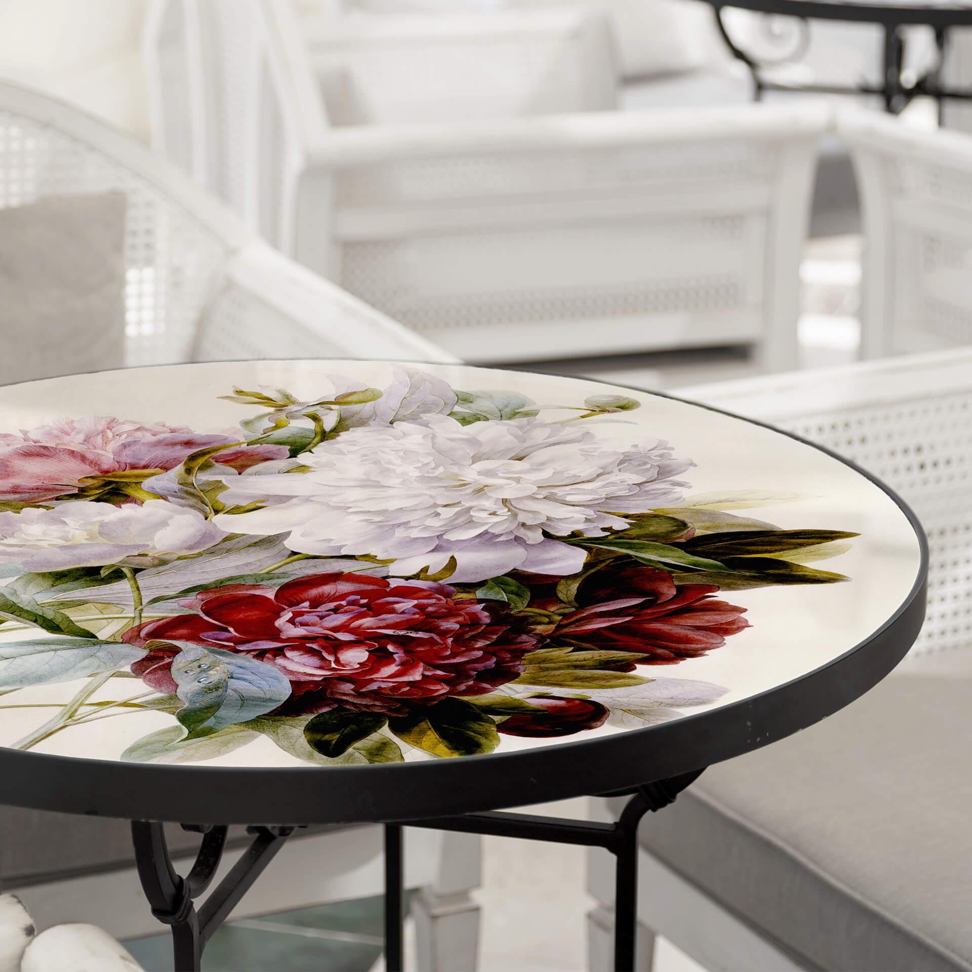Plateau de table en verre - Redouté - Bouquet de fleurs rouges