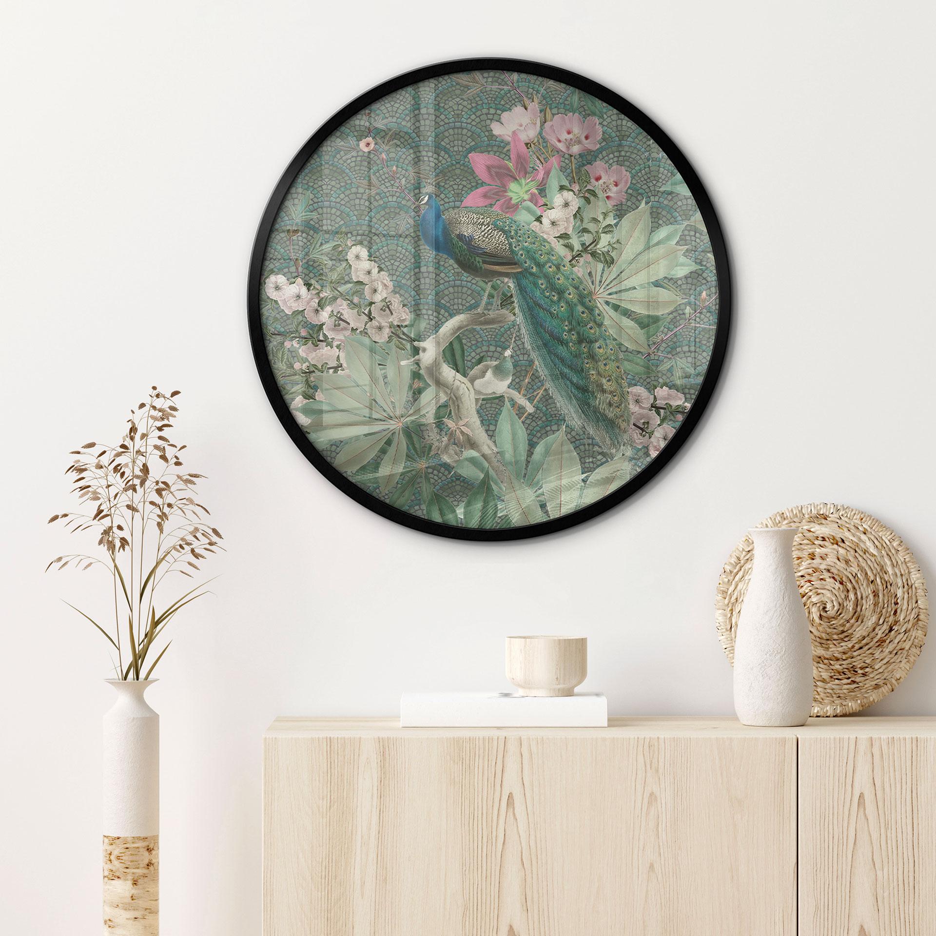 Poster Pauw in tropische tuin op mozaïek - Bloemdecor - Rond