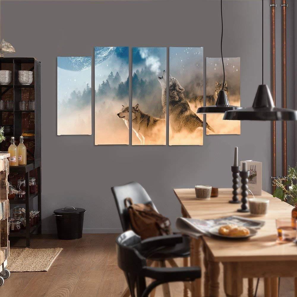 5 stykke lærredstryk Wolves Misty Forest Nature