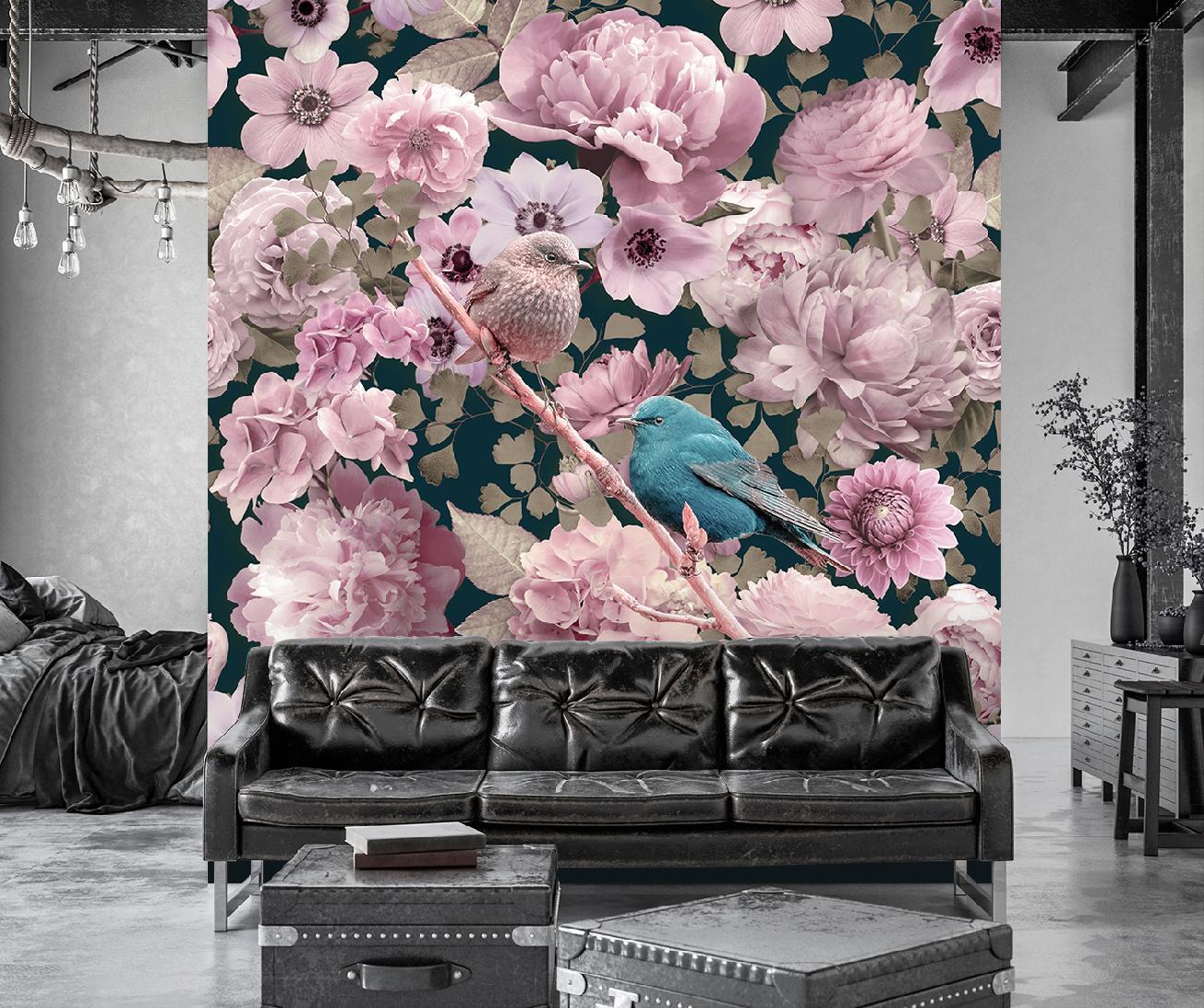 Fototapete, Blauer Vogel auf einem Hintergrund aus rosa Rosen - Andrea Haase