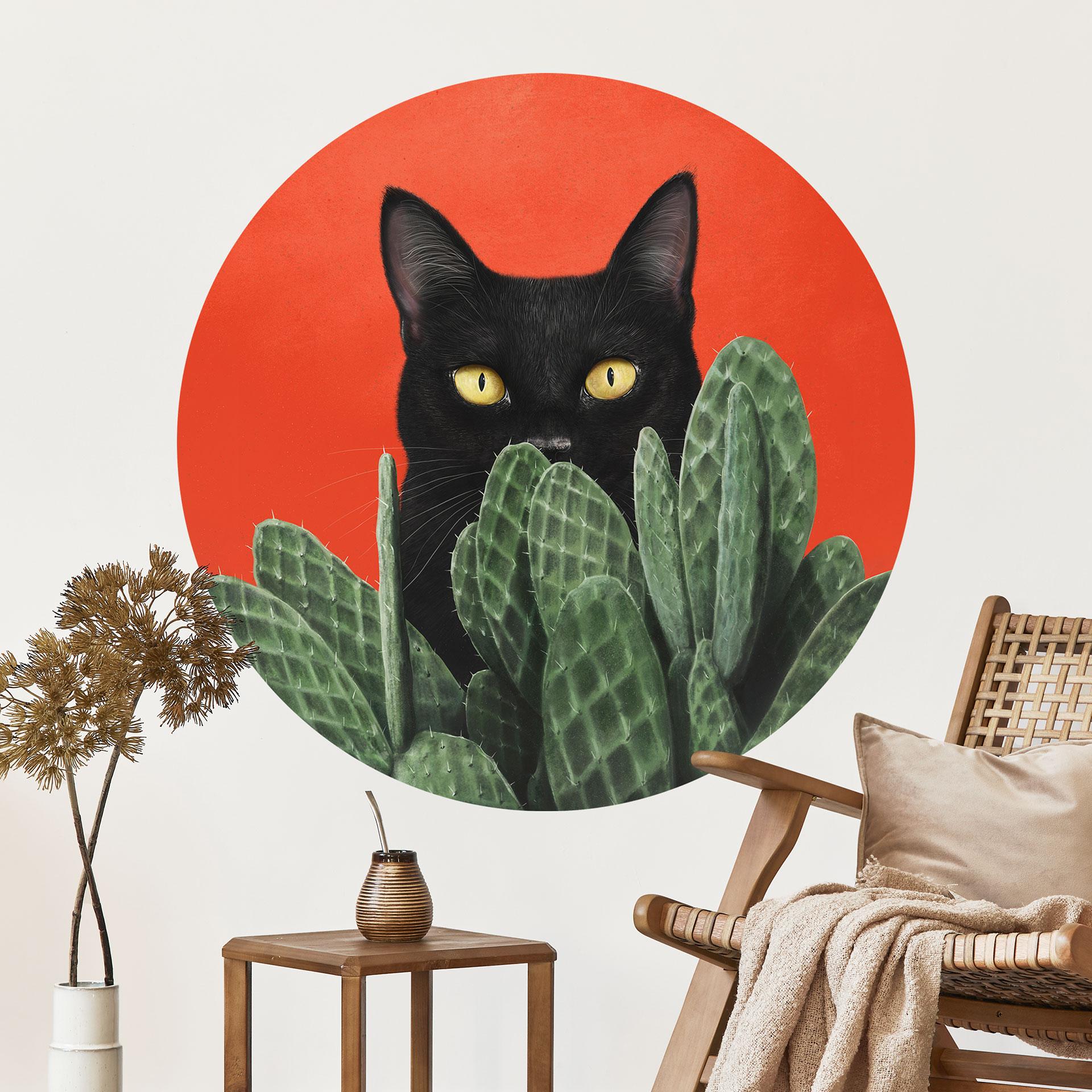 Sticker mural Chat noir caché dans les cactus Rond - Korenkova
