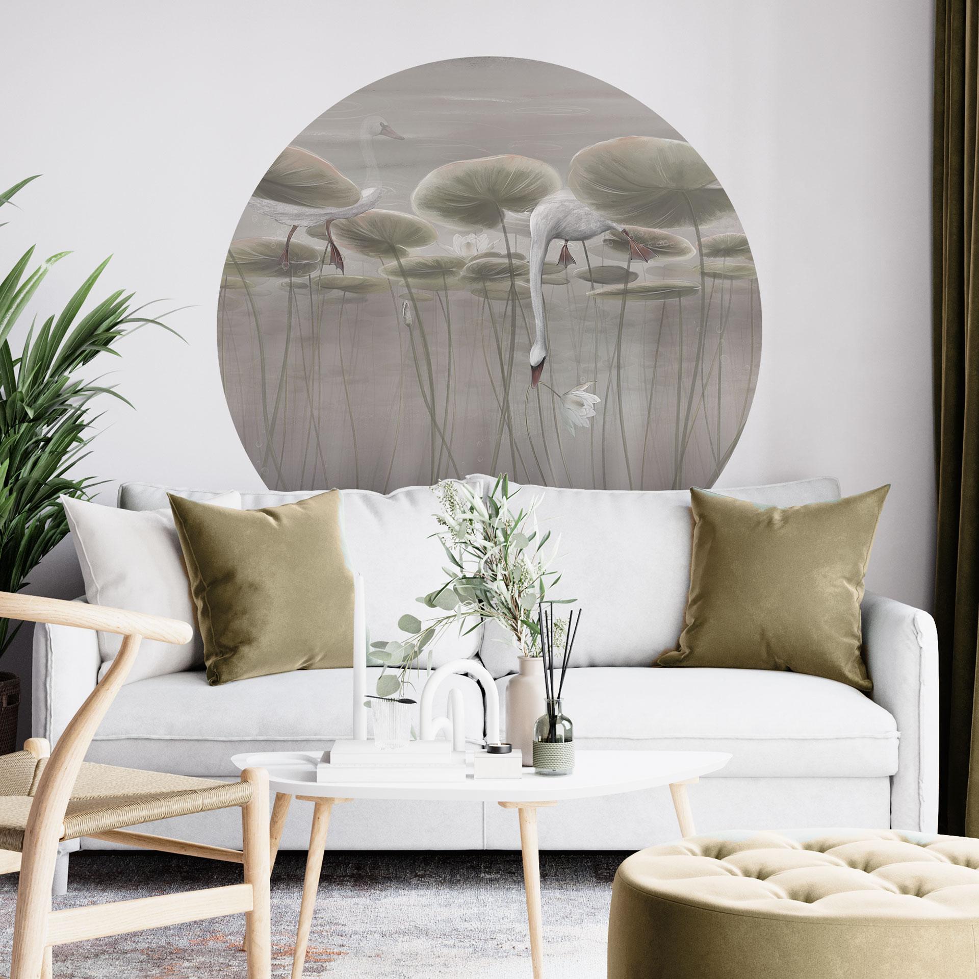 Wandtattoo Lotusblumen mit Schwan im Wasser in Grau - Ms Tiff - Rund