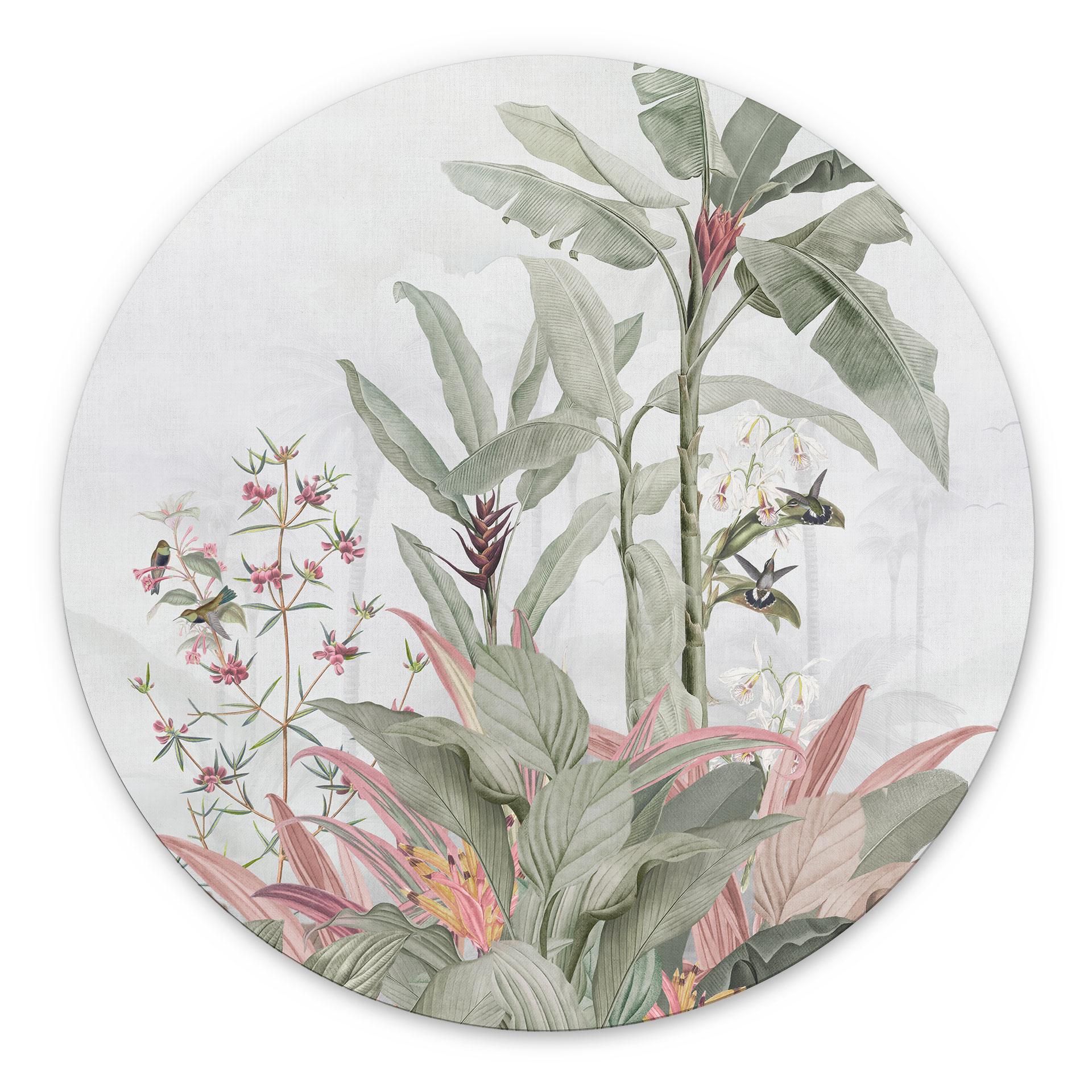 Billede Tropisk idyl med kolibri blå - Bloomery Decor - rund – print på aluminium (Alu-Dibond)