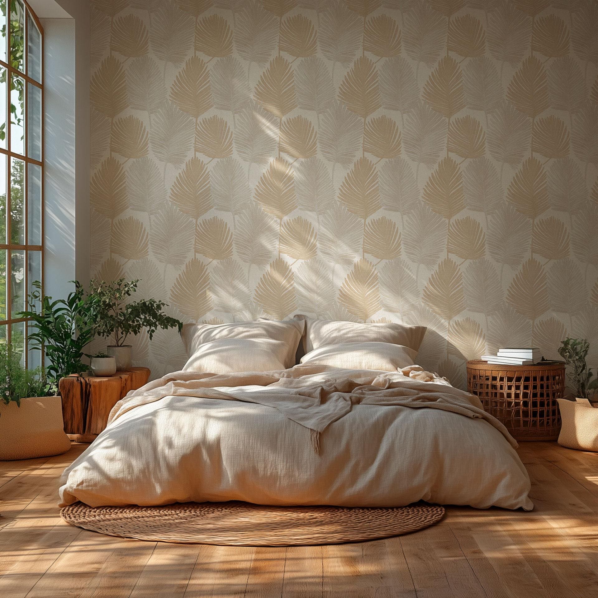 Palmebladstapet beige sand - tropisk bladmotiv på ikke-vævet tapet