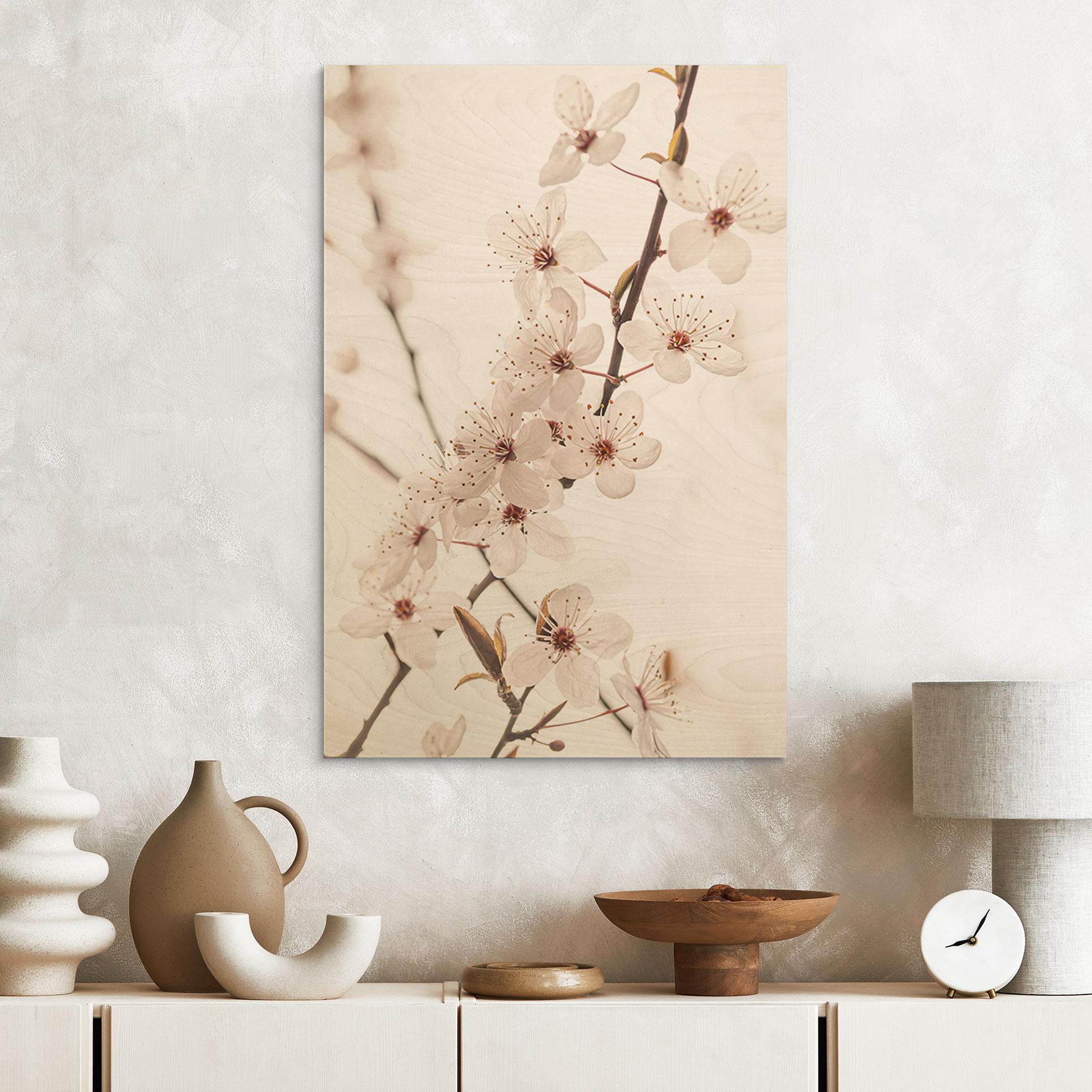 Holzbild Zweig mit weißen Kirschblüten - Sisi & Seb