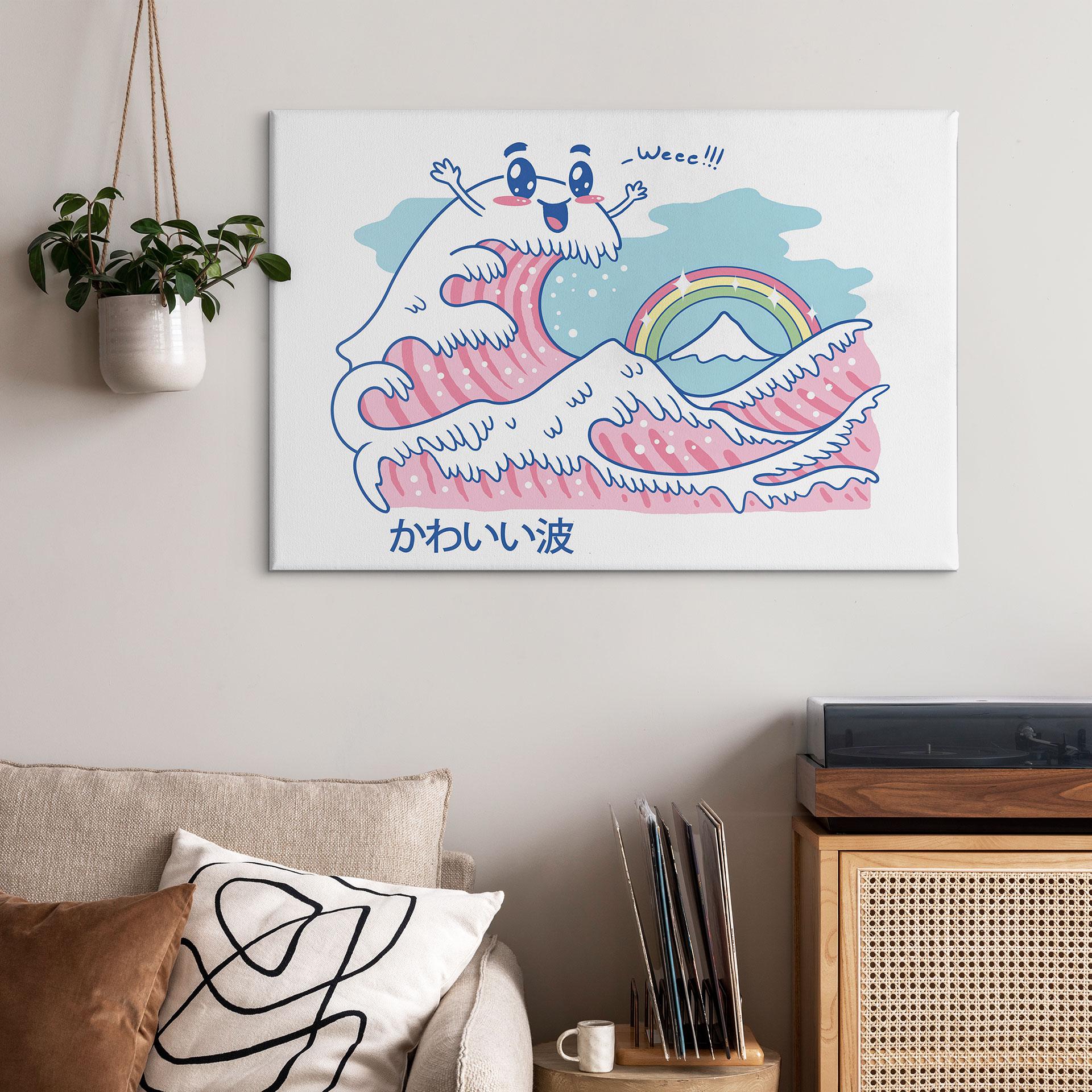 Lærredsprint - Kawaii-bølge med regnbue og Fuji-bjerget
