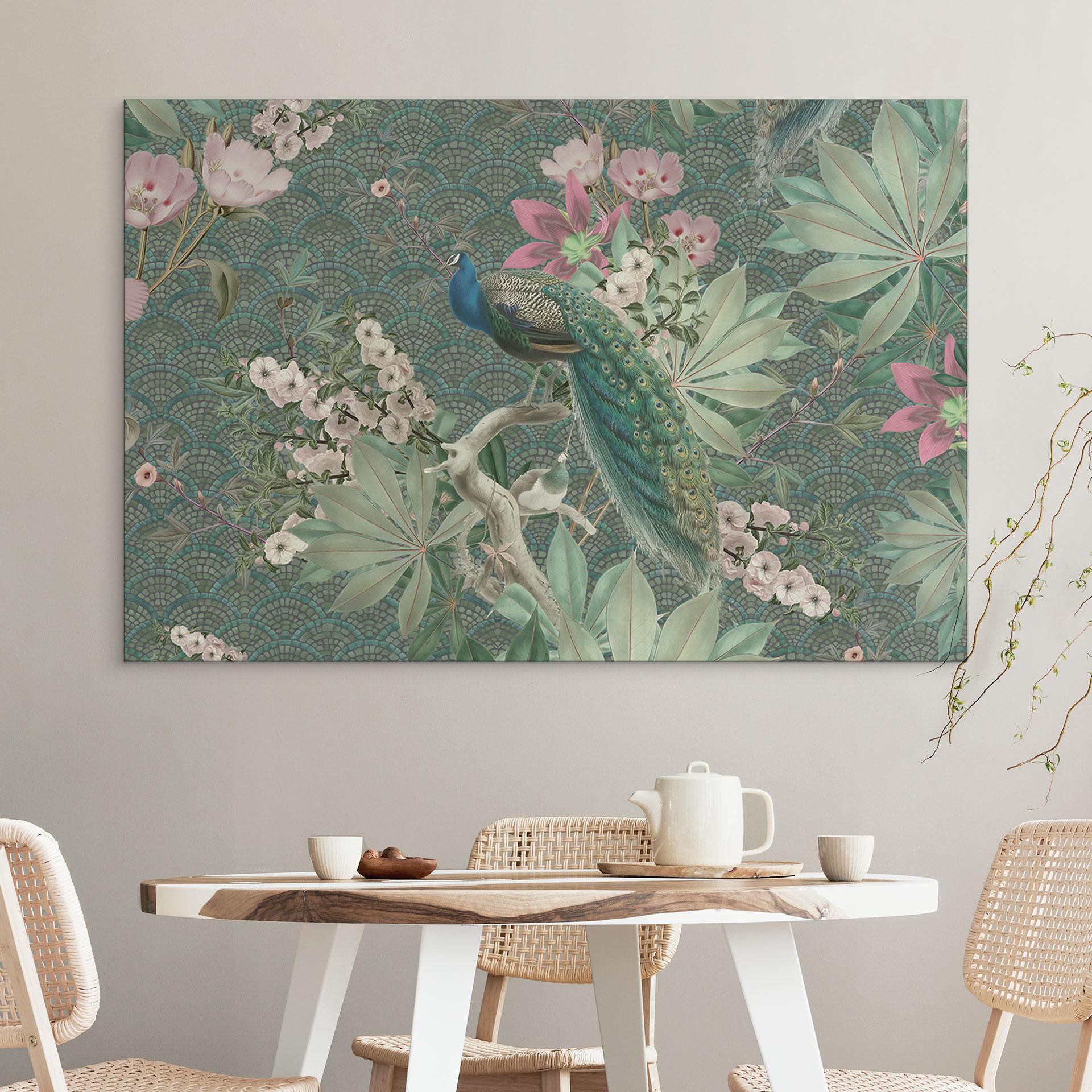 Billede af påfugl i tropisk have på mosaik - Bloomery Decor – print på aluminium (Alu-Dibond)