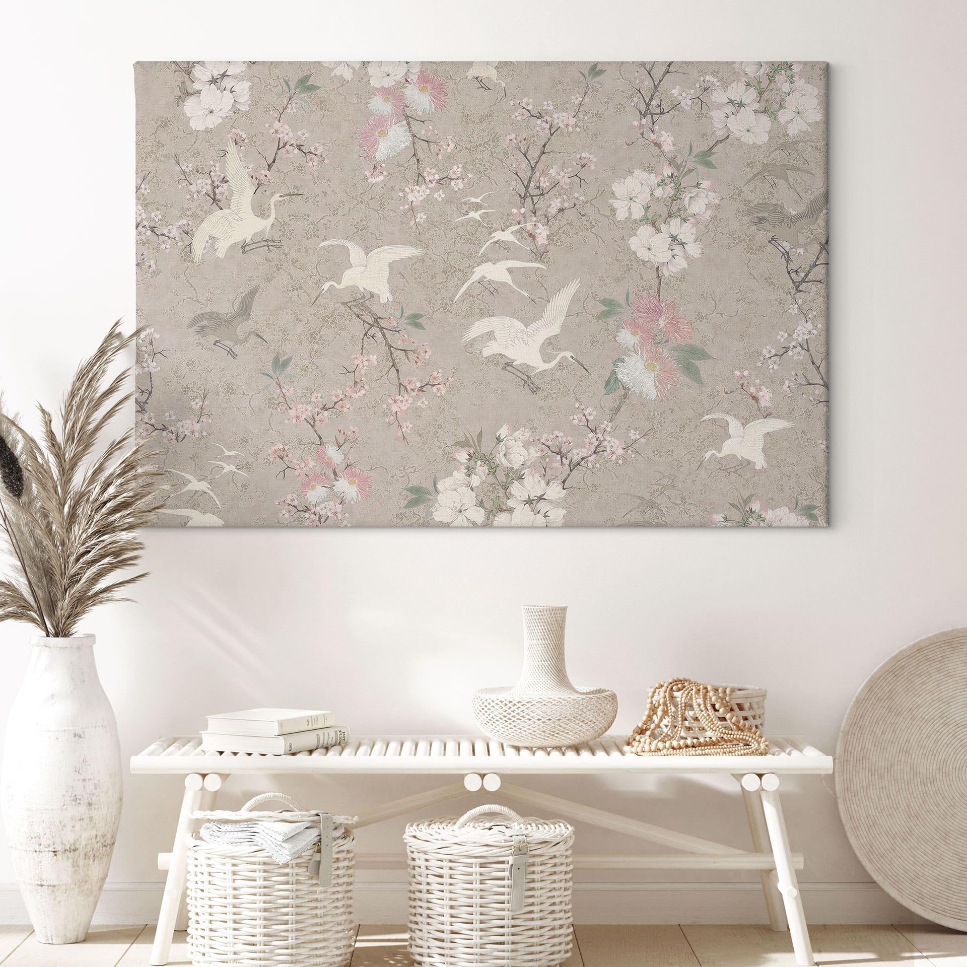 Canvasbillede Traner i en kirsebærblomst Rush Beige - Bloomery Decor
