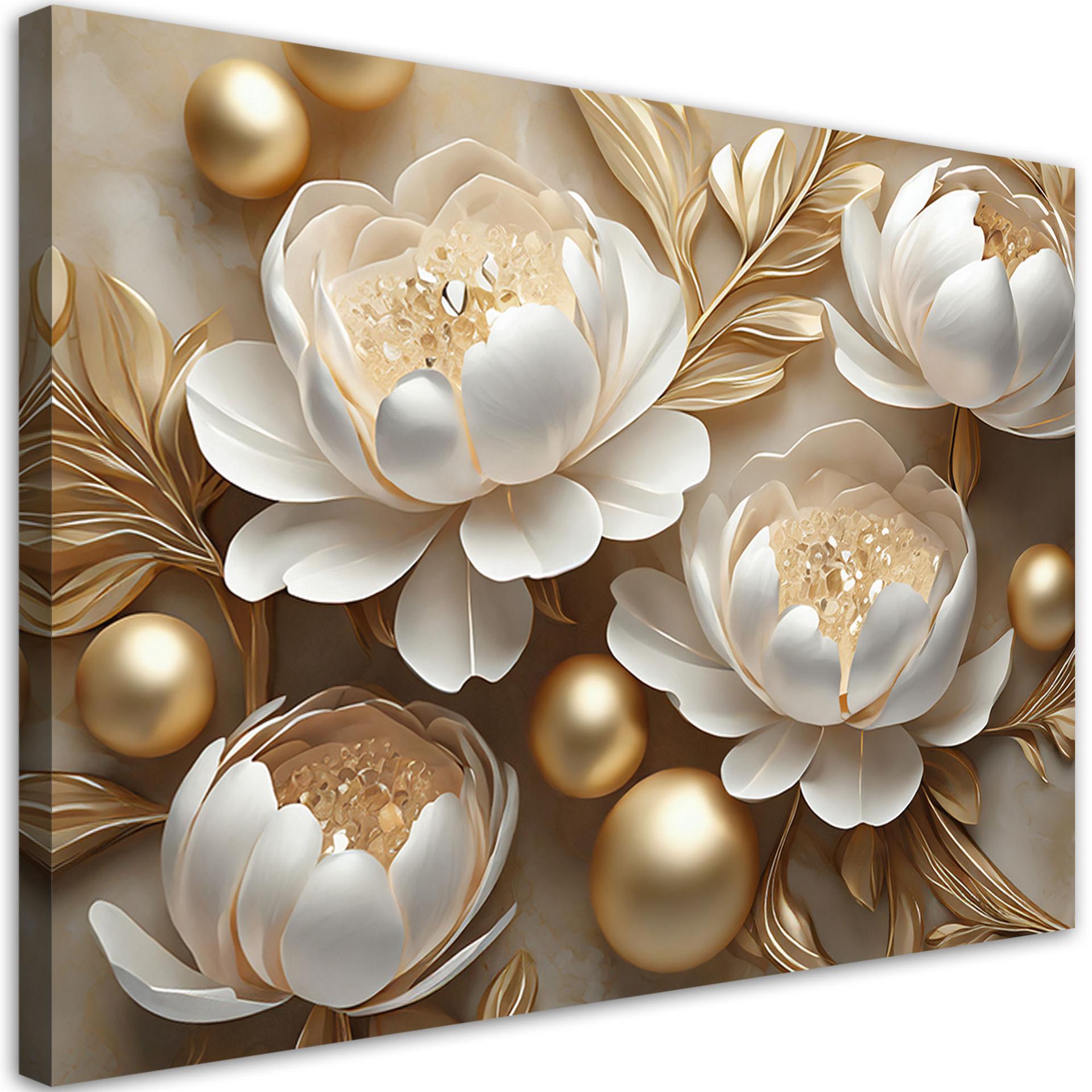 Canvasbillede, 3D guld glamour blomster