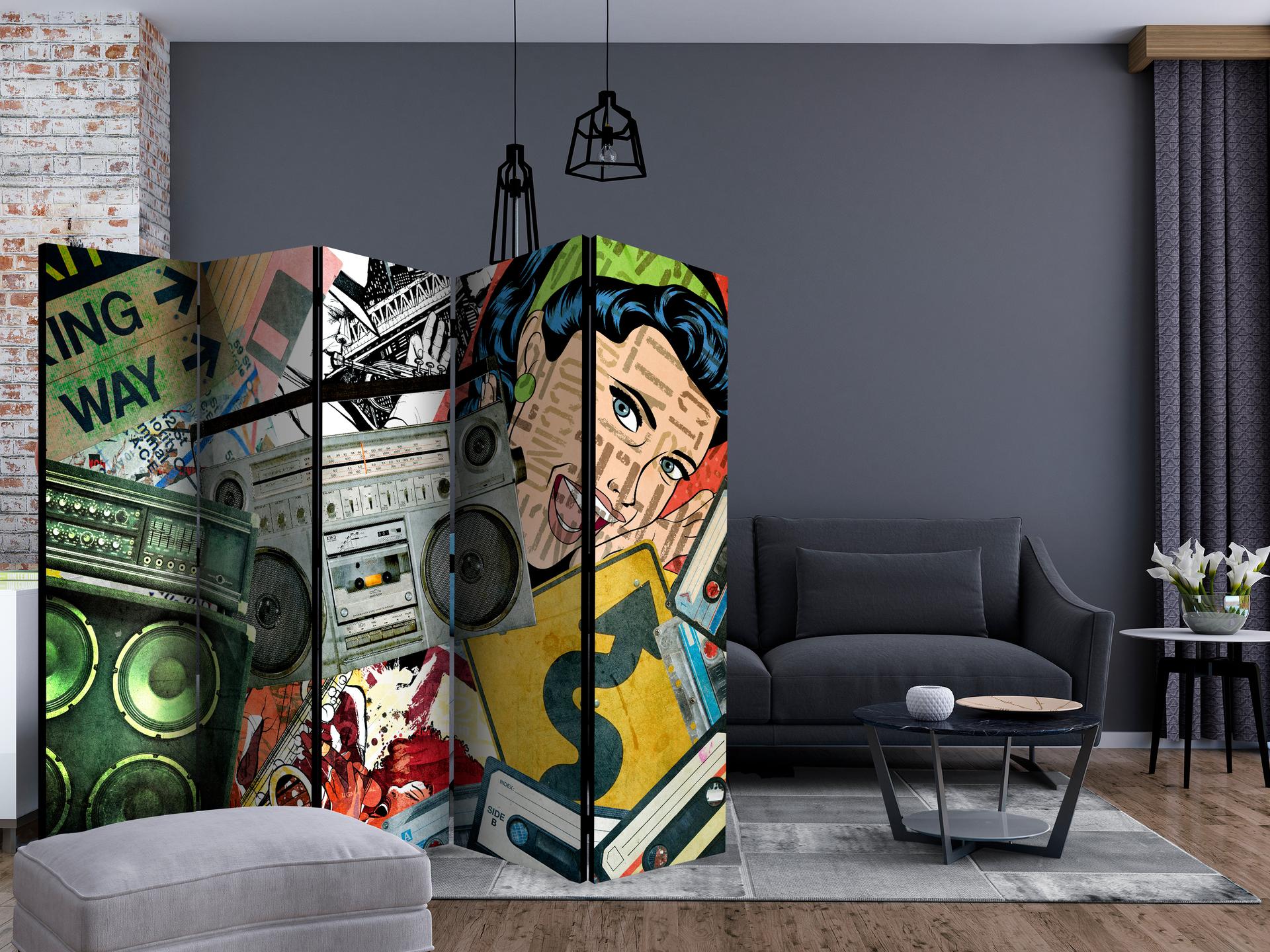 Schermo divisorio - Ragazza graffiti , 5 pezzi - 225x172 cm