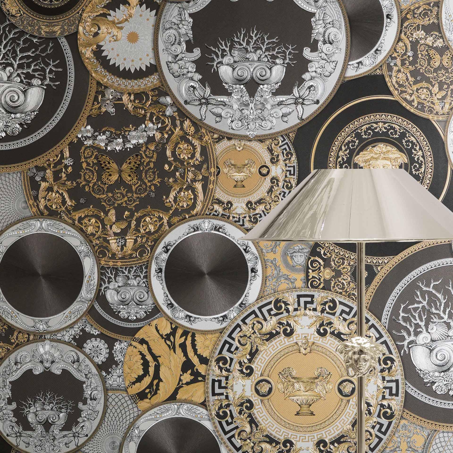 Versace ikke-vævet tapet Art De La Table Baroque Circles Medusa Meander Black Gold