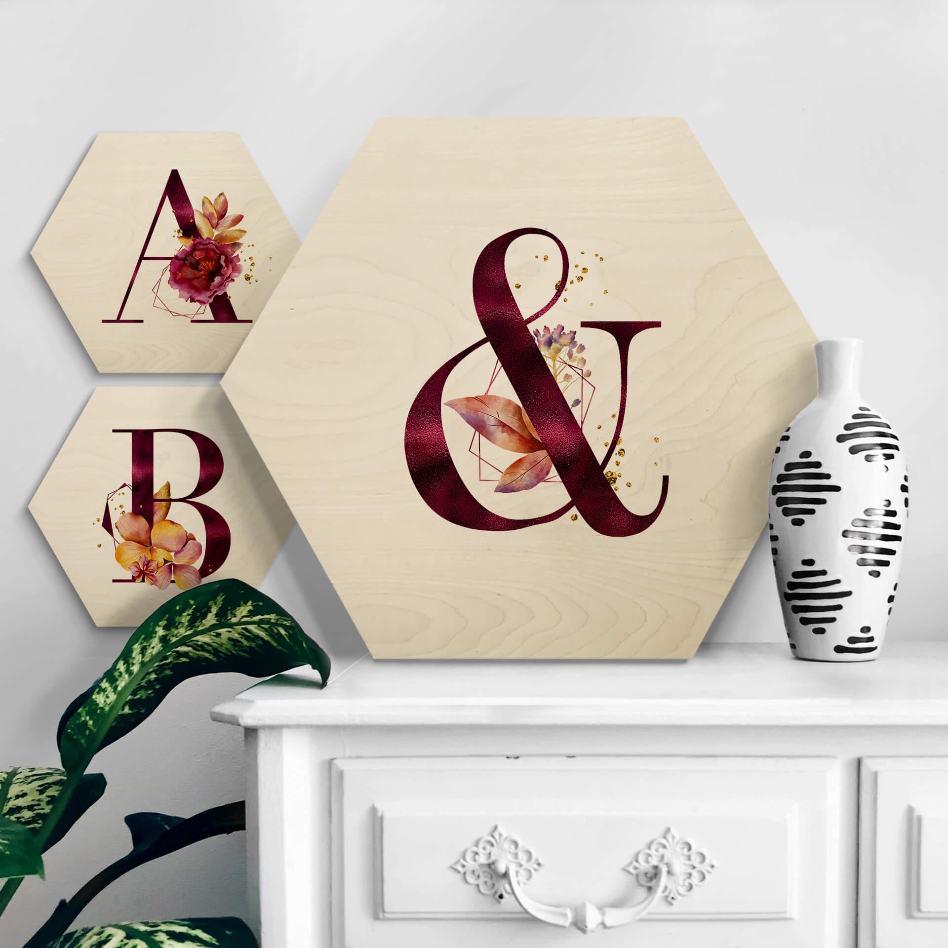 Hexagone - Placage bois de bouleau Lettres Alphabet fleuri bordeaux