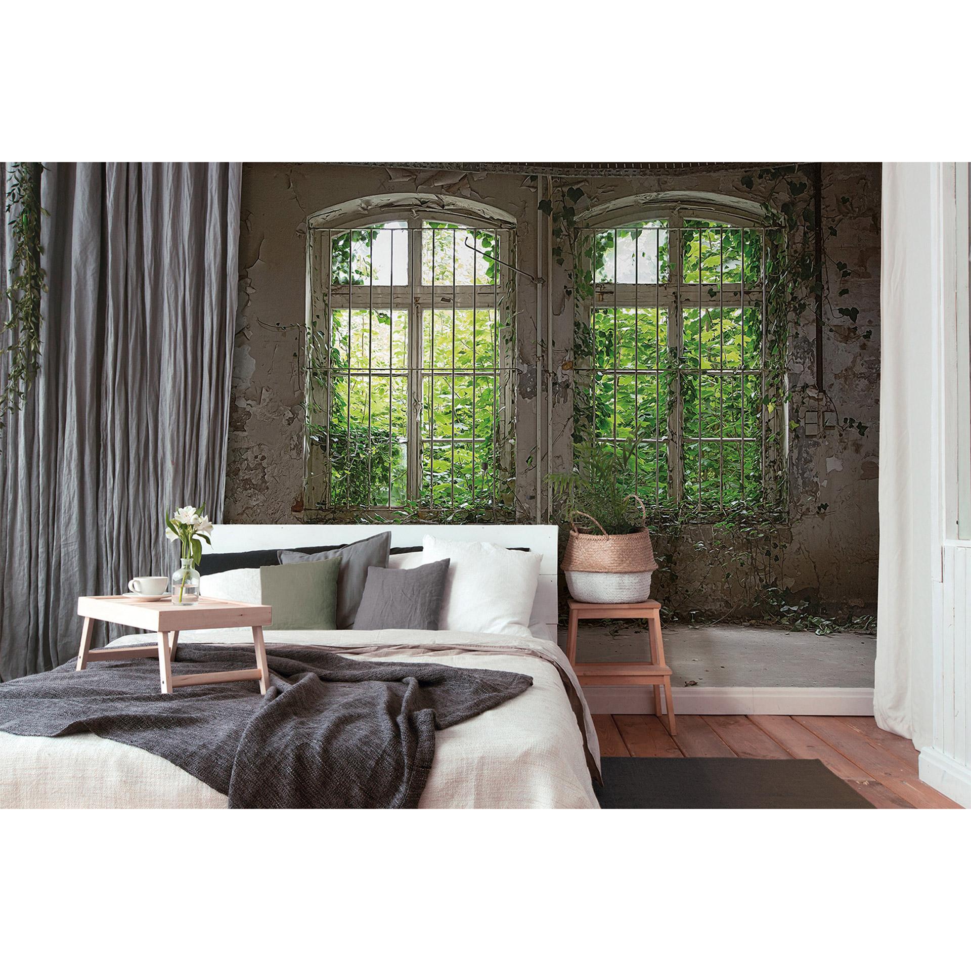 fototapet designwalls i grøn og grå non-woven tapet gammelt vindue beton look natur