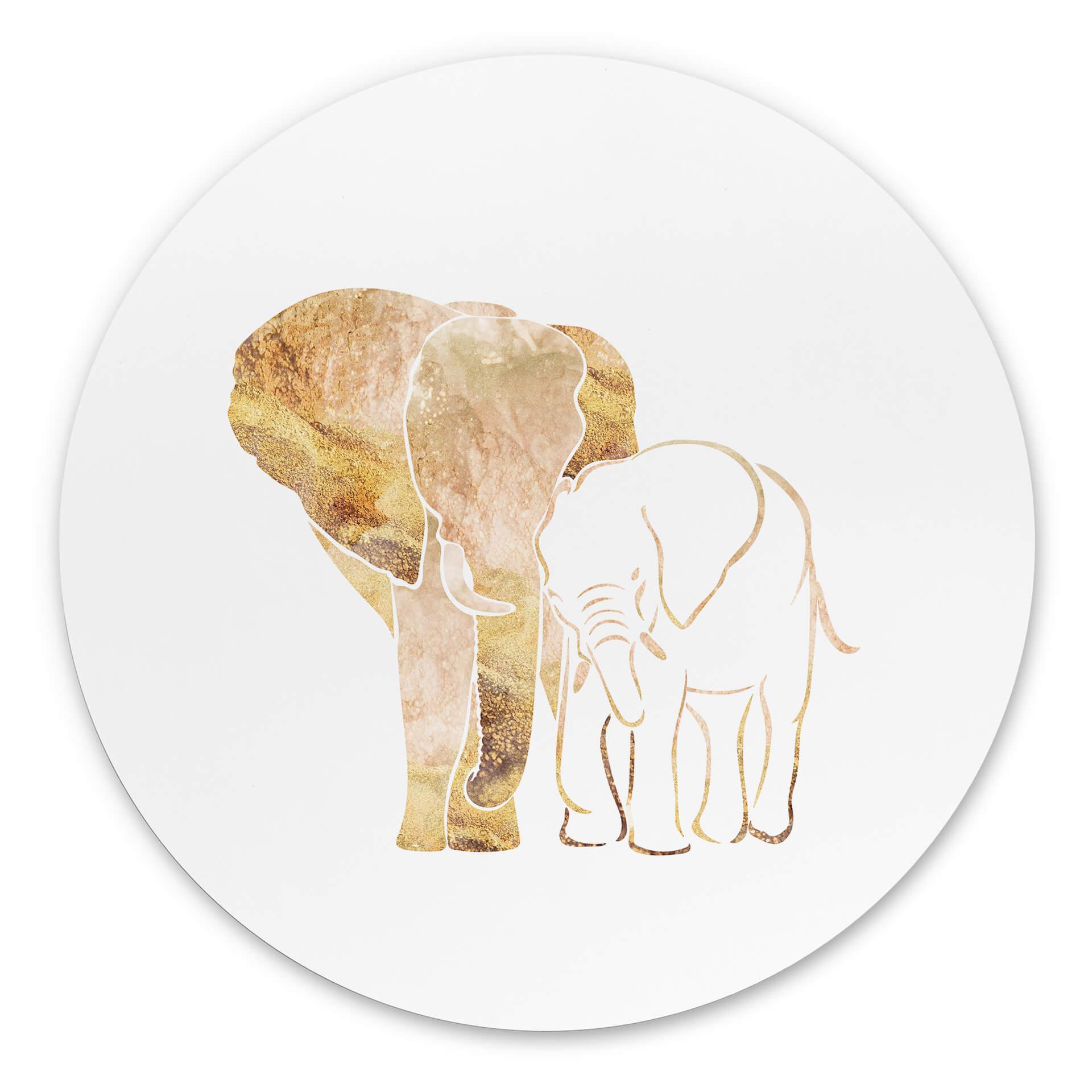 Tableau sur alu-Dibond rond Manovski - Line Art - Éléphants dorés