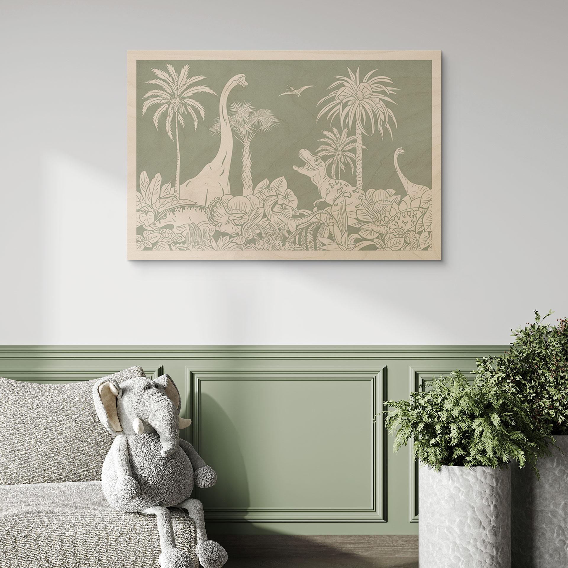 Holzbild Grüne Urzeitwelten - Dinosaurier unter Palmen - Kikki Belle
