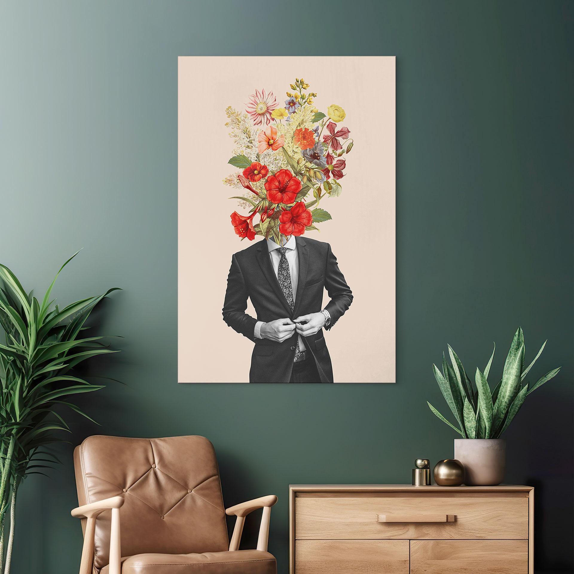 Wandbild Mann im Anzug mit Wildblumen - Frida Floral Studio - Alu-Dibond