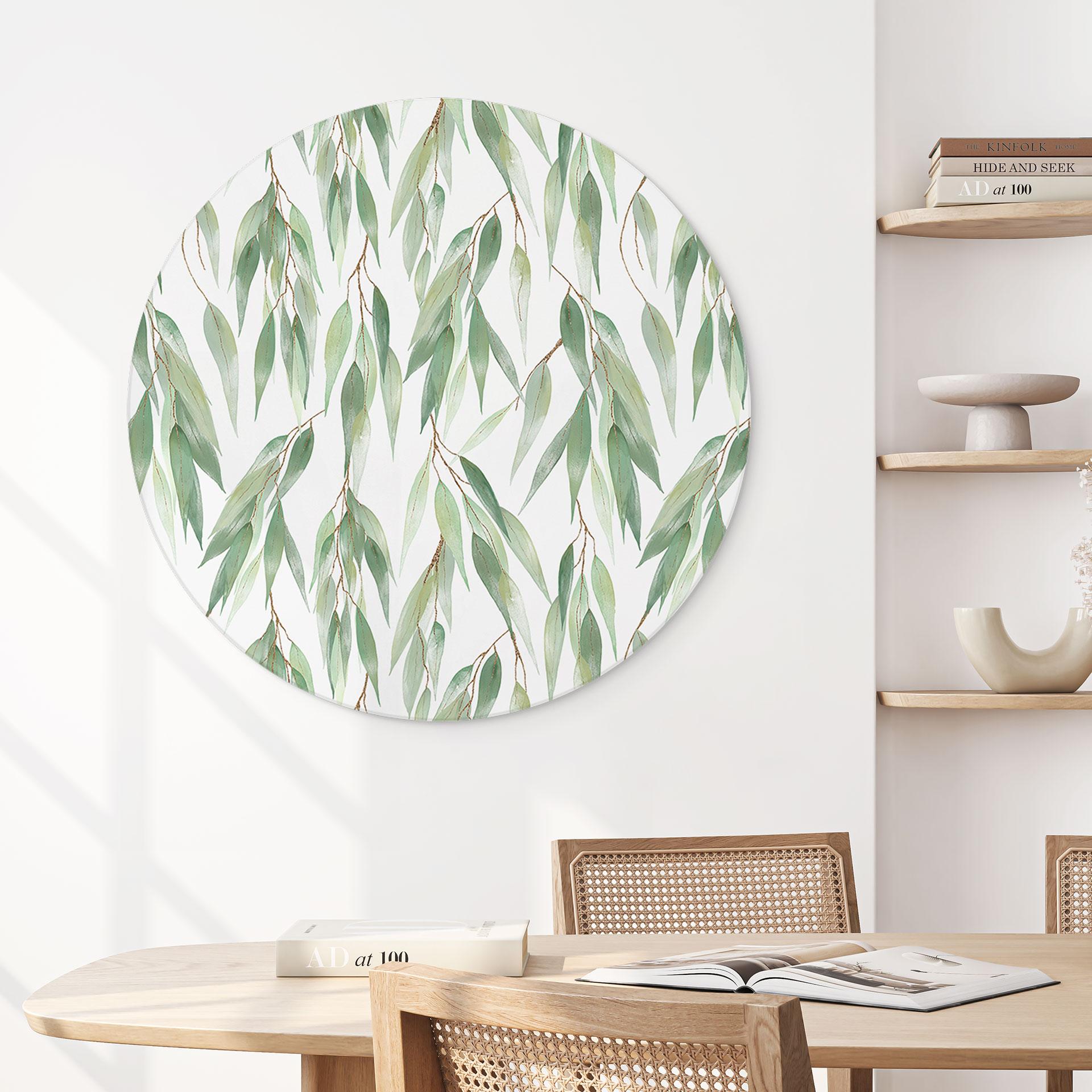 Wandbild Zweige mit grünen Blättern - UN Designs - Rund - Alu-Dibond