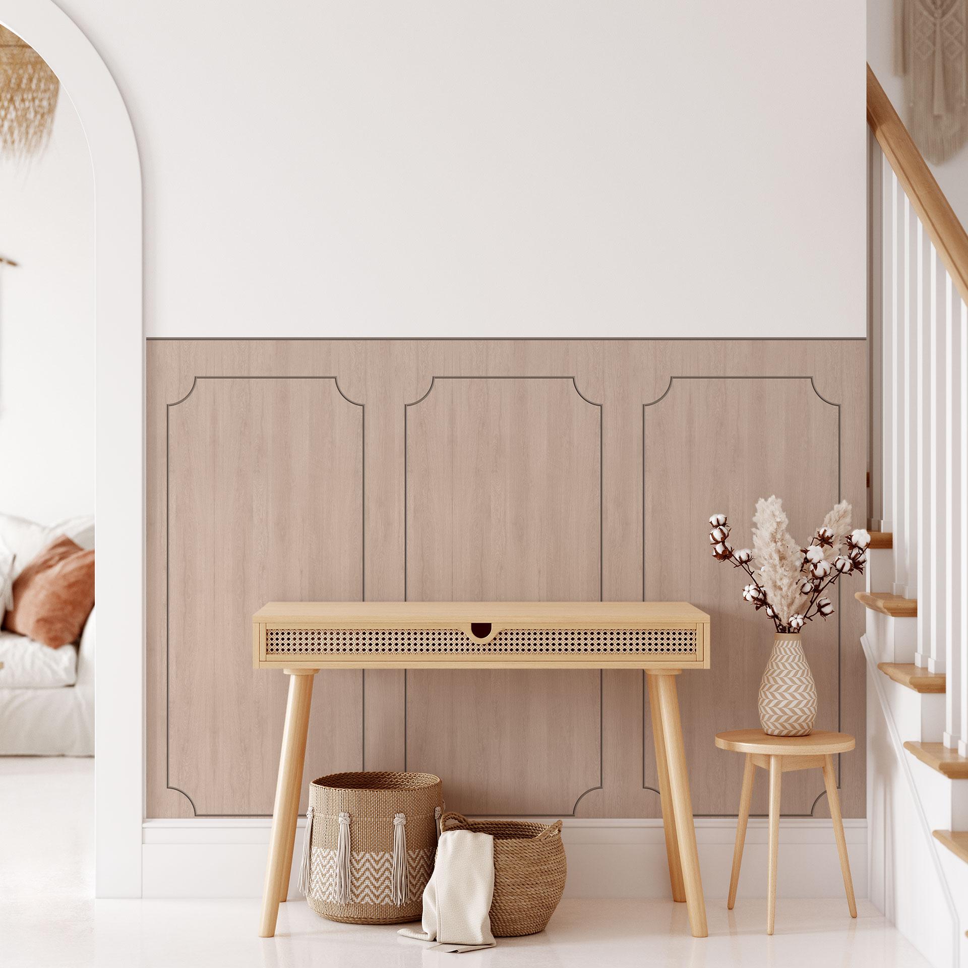 Wandpanelen Wandbekleding zand met houtnerf met sierbiesoptiek