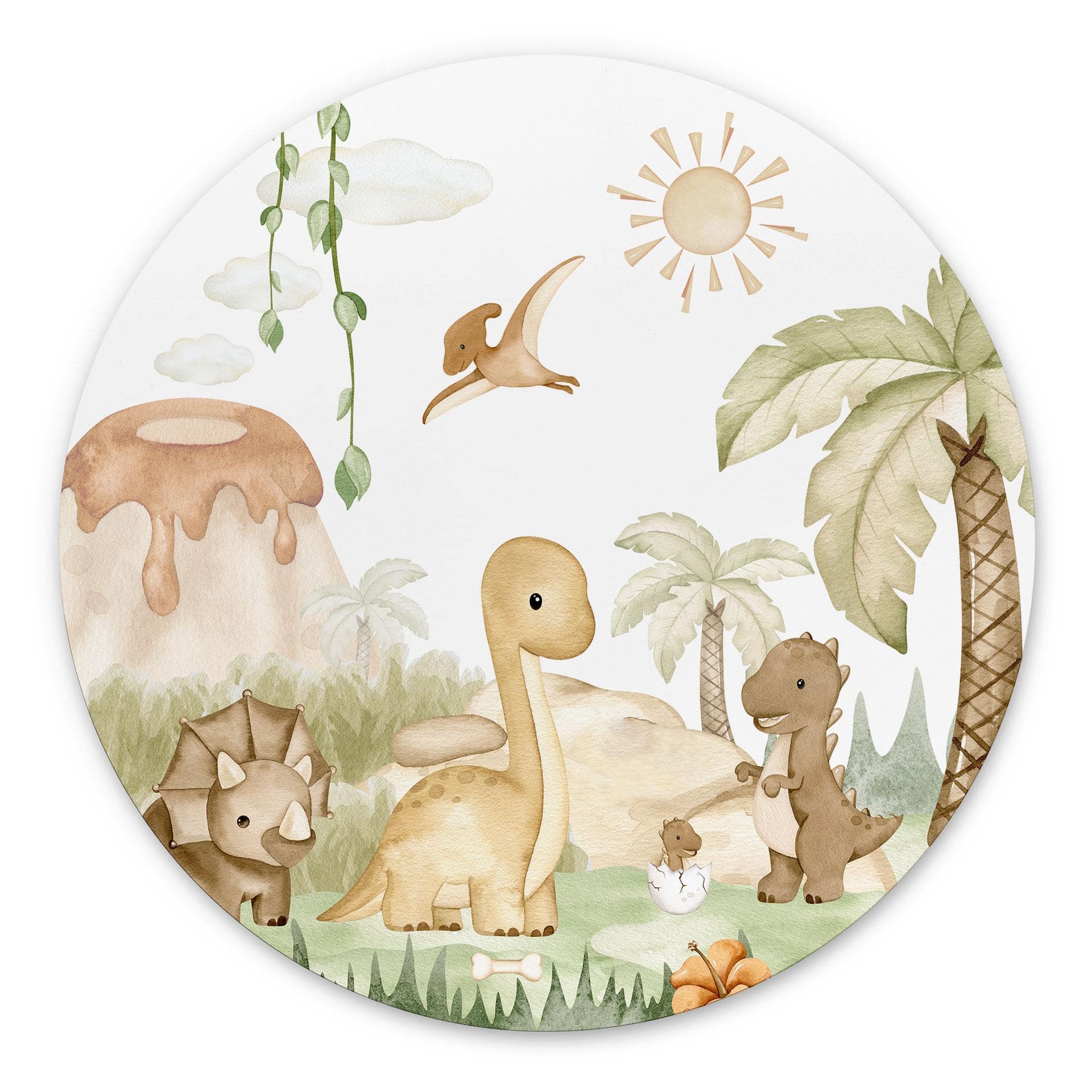 Wandbild Kleine Dinos auf großer Entdeckungsreise - Oliver Robins - Alu-Dibond Rund