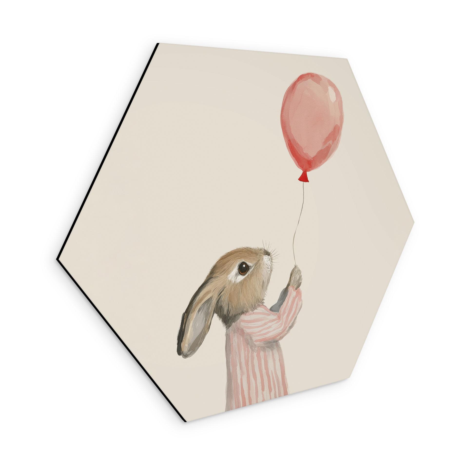 Sekskantet Billede Sød kanin med ballon - Treechild - aluminium dibond
