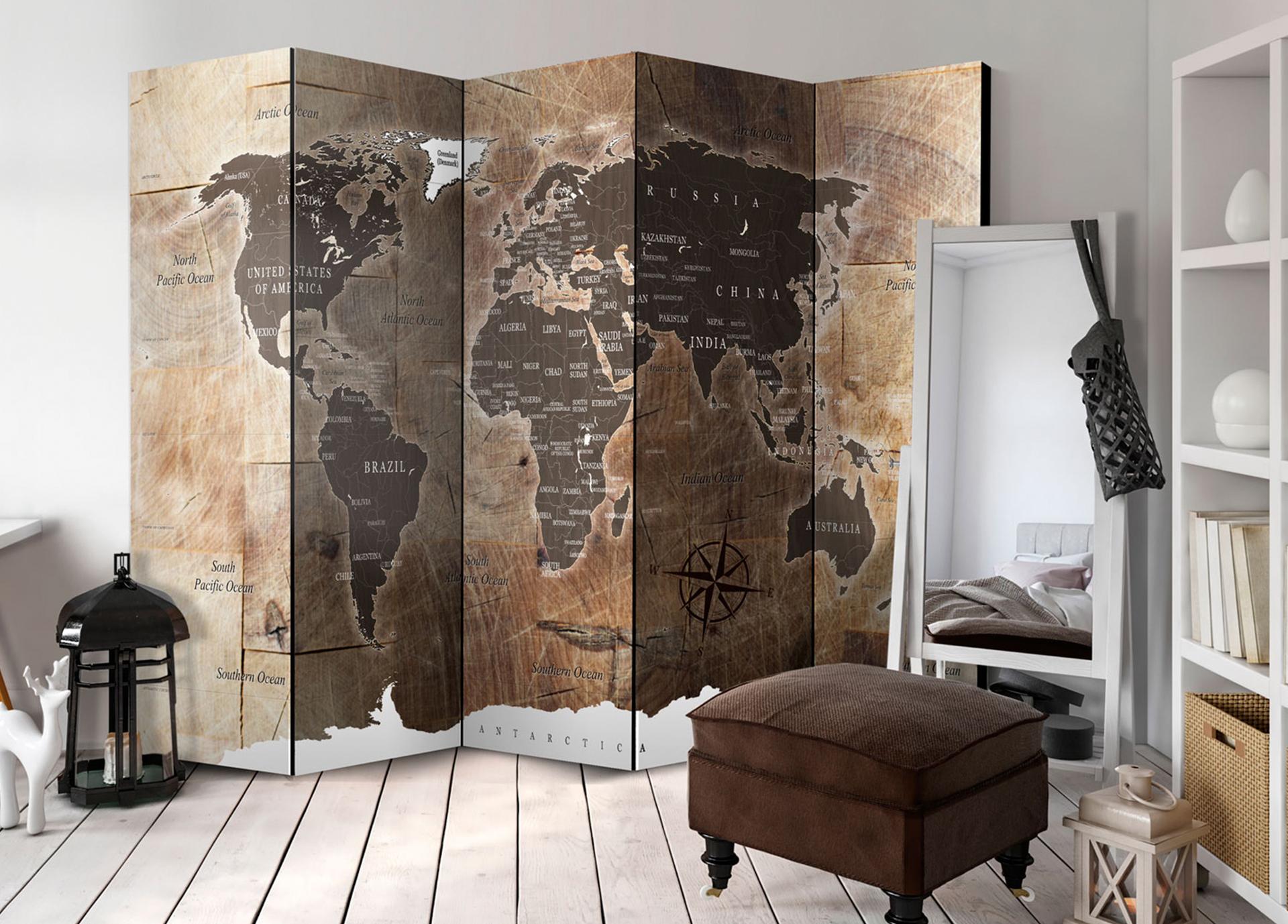 Parete divisoria - Mappamondo - Visione del globo in legno, 5 pezzi - 225x172 cm