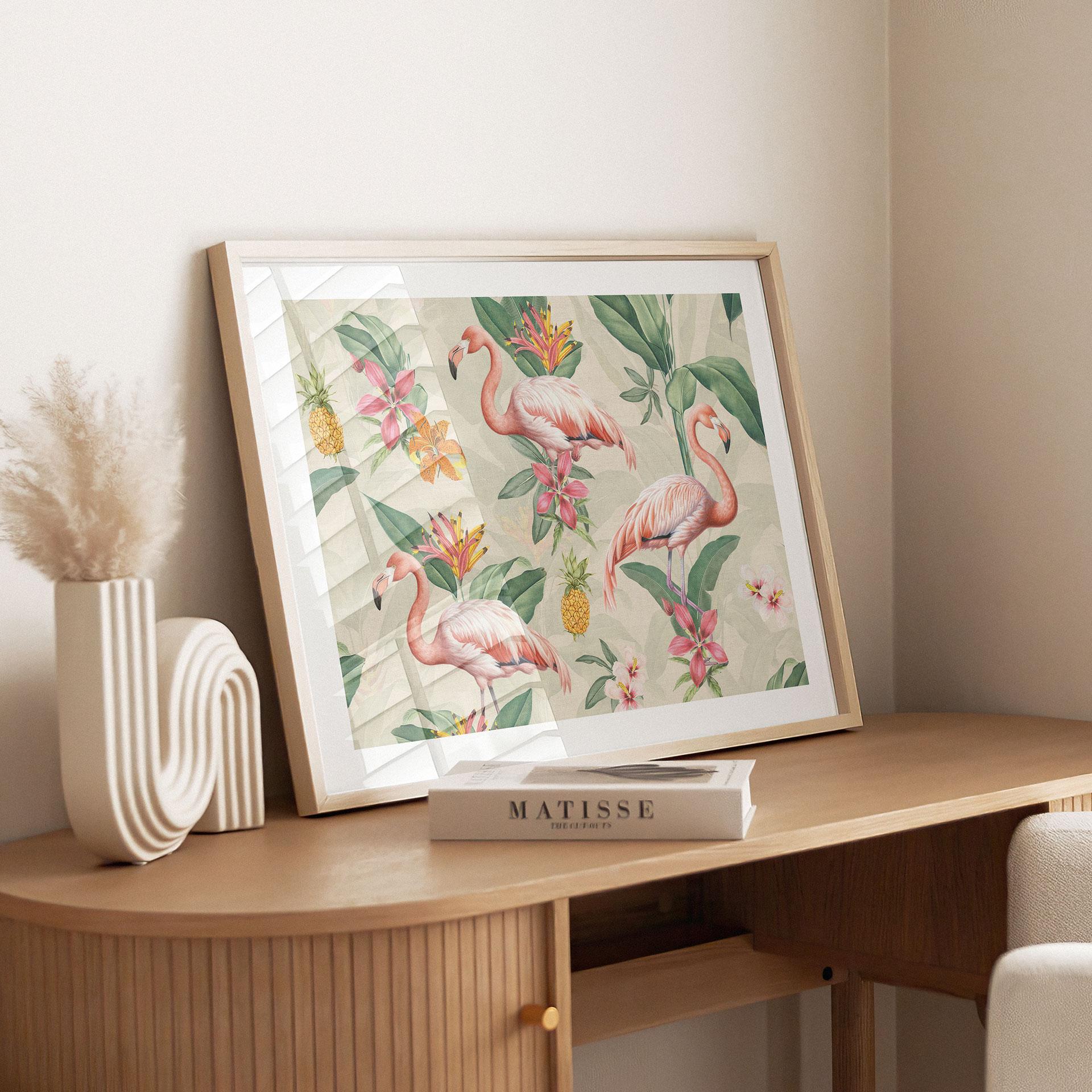 Plakat med flamingo og tropiske blade - Bloomery Decor