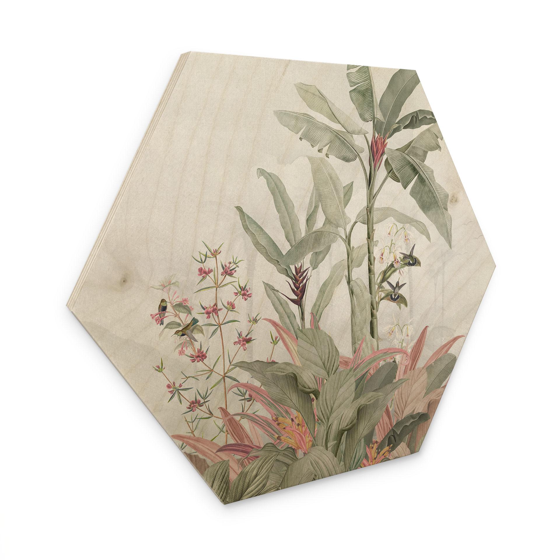 Sekskantet billede af træ tropisk idyl med kolibri blå - Bloomery Decor