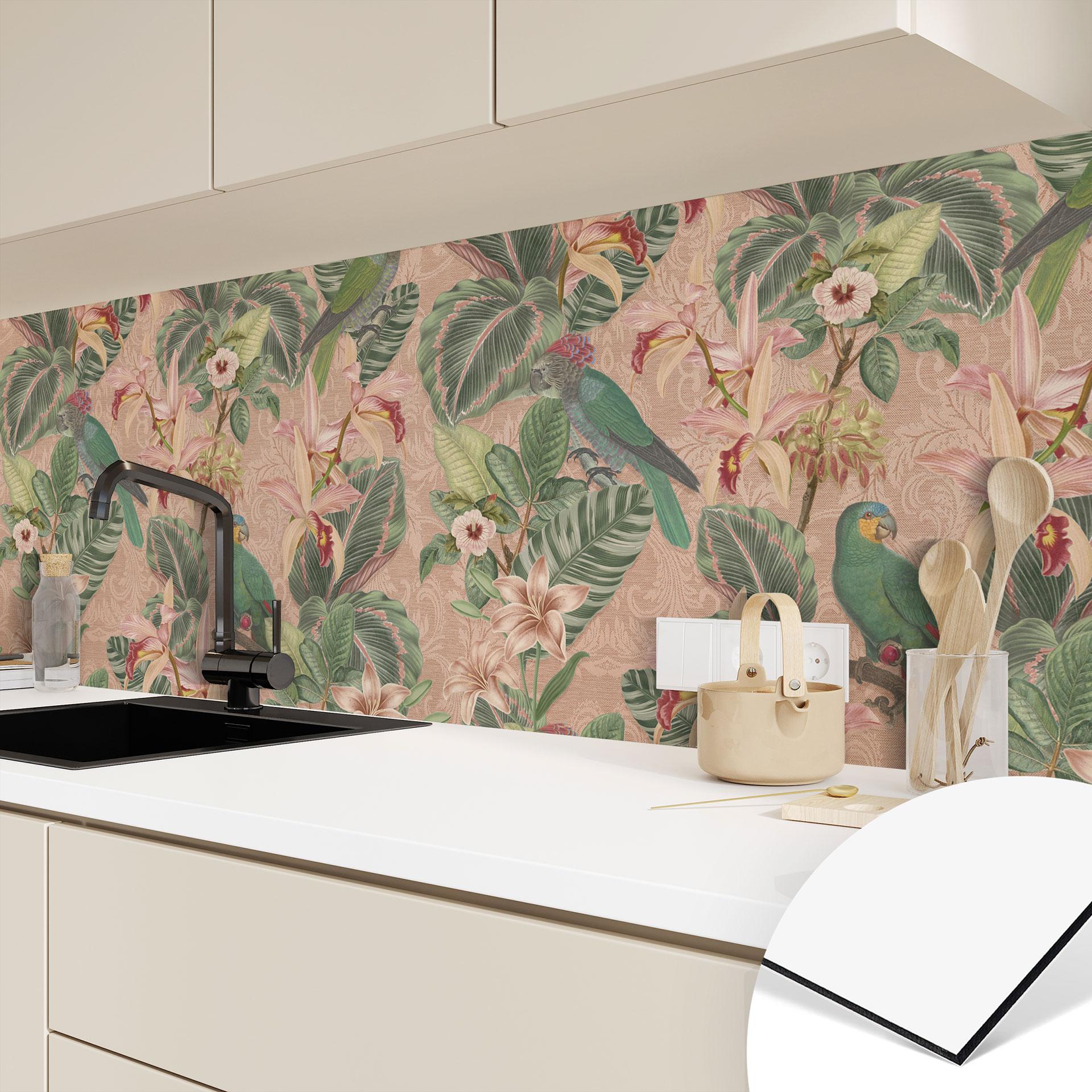 Stænkplade til køkken jungle med papegøjer pink - Bloomery Decor