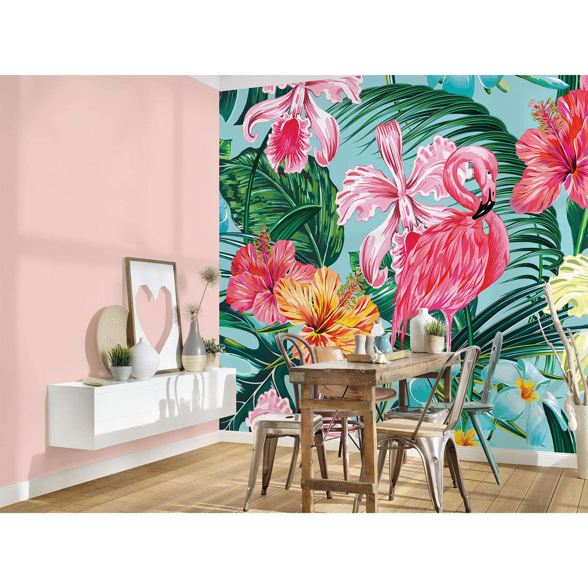 Designwalls non-woven tapet FlamingoArt flamingo jungle i farverig og blå