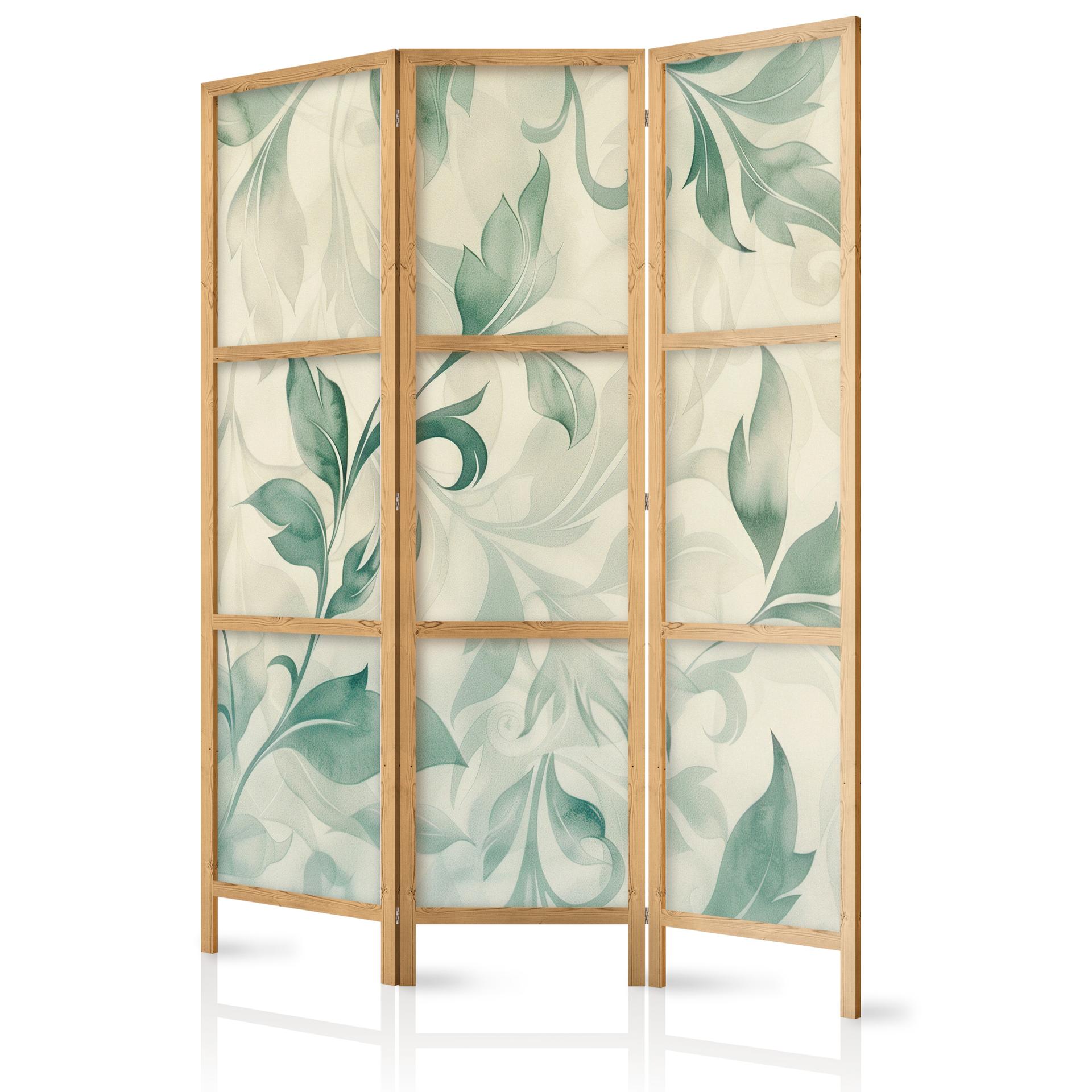 Japanischer Paravent, Raumteiler freistehend, Trennwand - Watercolor Botanical Motif: Green-Beige Le