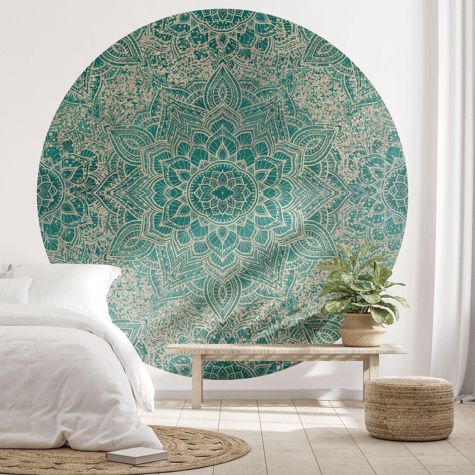 Fototapet Orientalsk - Mandala Boho Guldgrøn - Blomsterdekoration - Rund - Selvklæbende/ikke-vævet