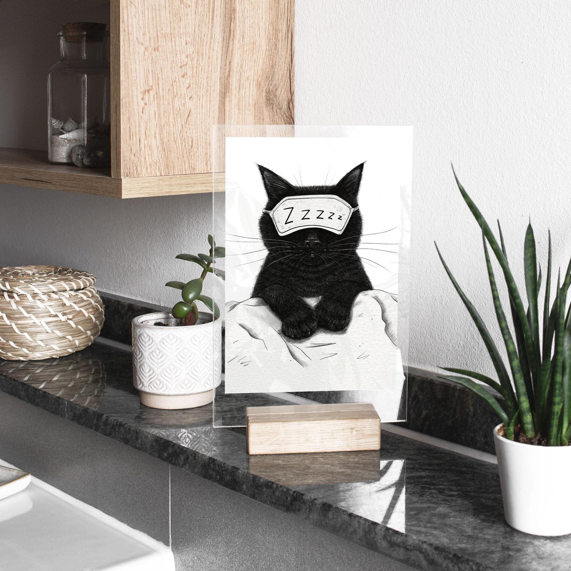 Tafelstandaard Zwarte Kat met Slaapmasker - Korenkova