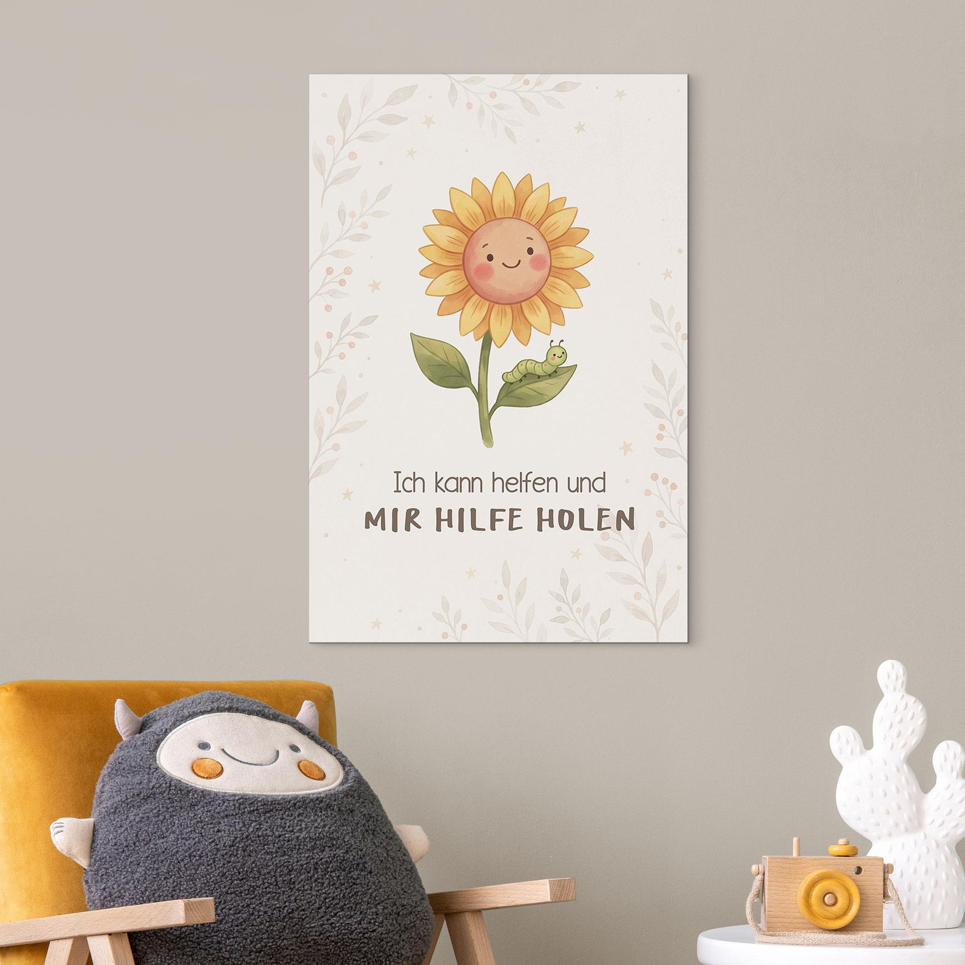 Alu-Dibond Wandbild mit Sonnenblume und Raupe - Kraftsatz 'Ich kann helfen' für Kinder