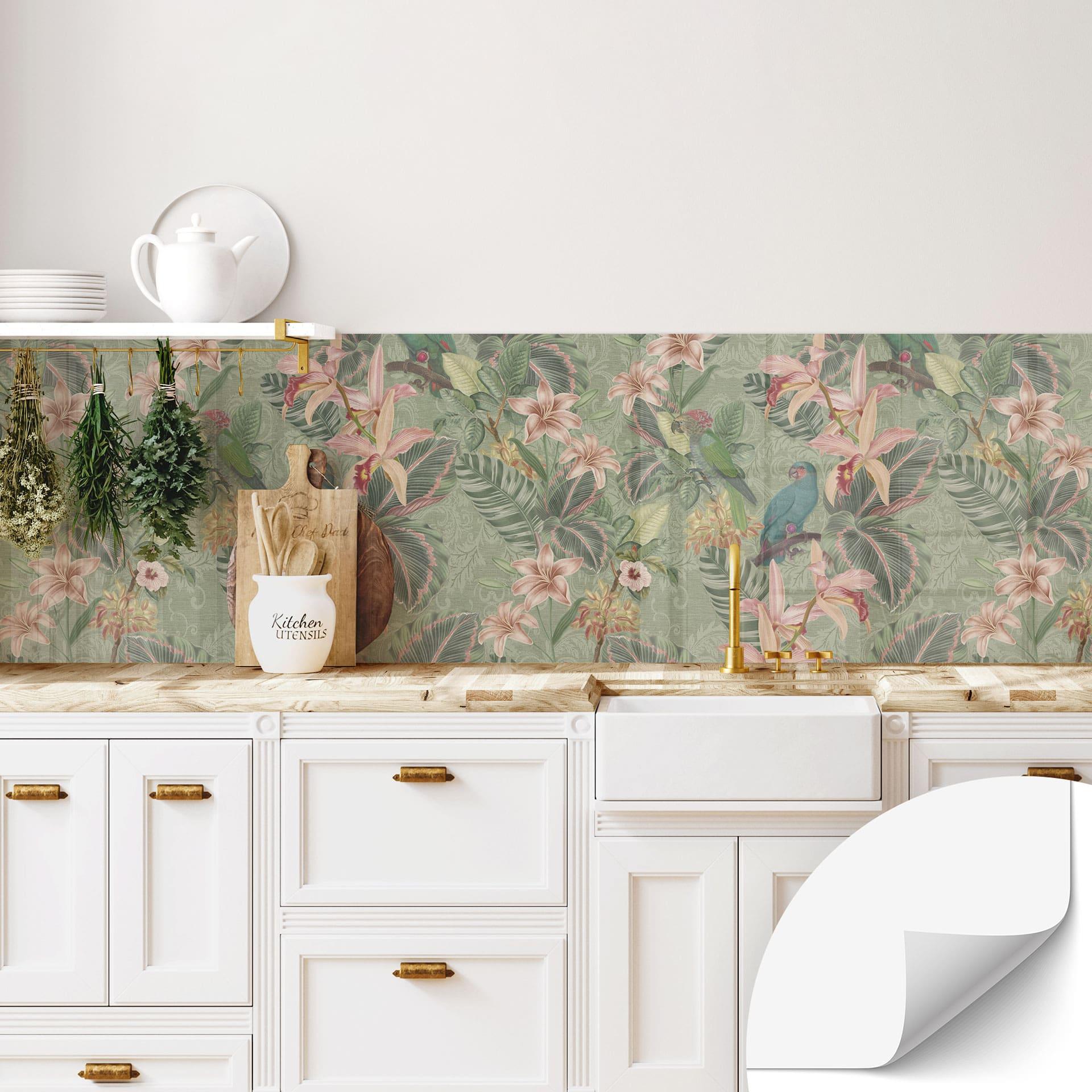 Selvklæbende stænkplade til køkken jungle med papegøjer grøn - Bloomery Decor