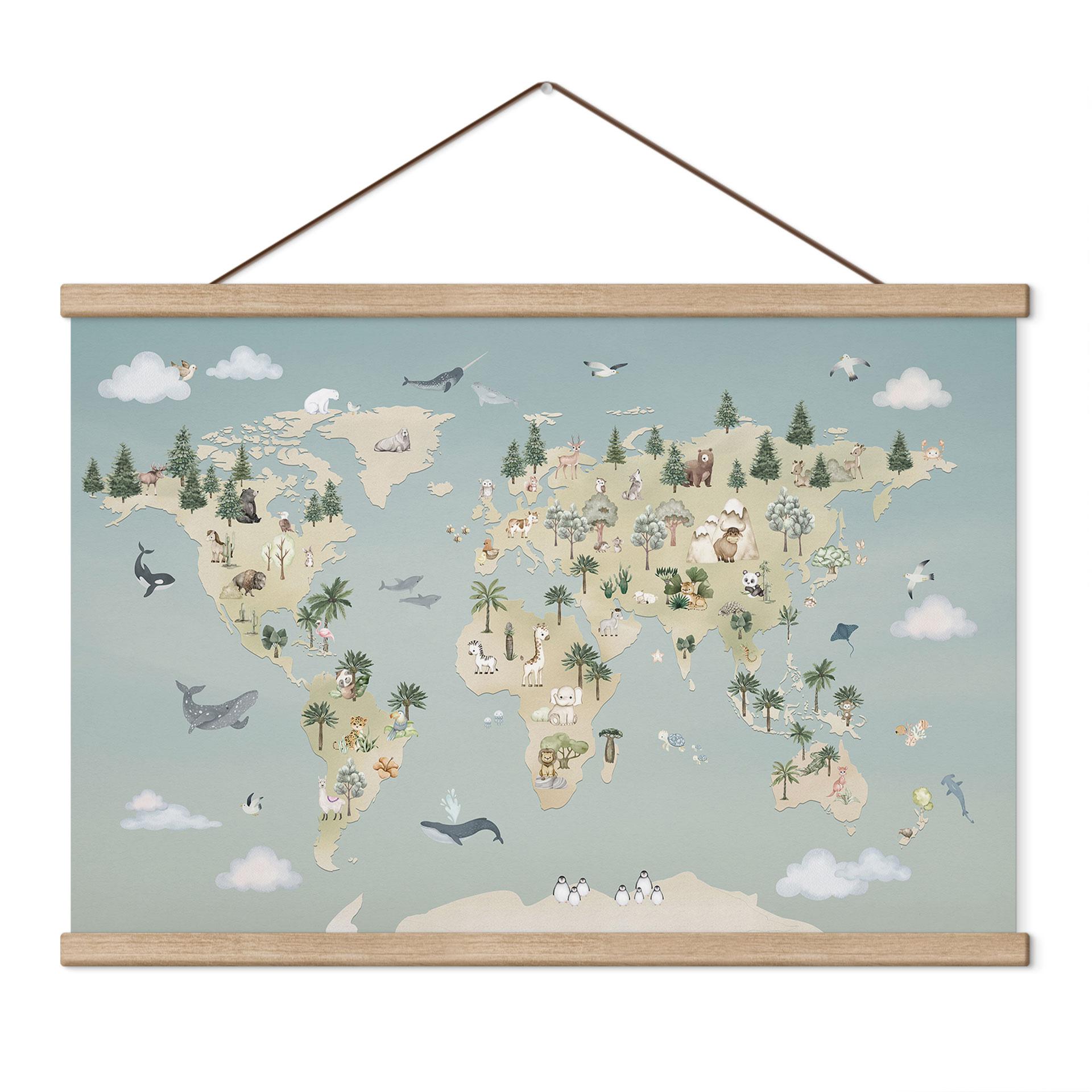 Kinderkamer Textielposter Wereldkaart - Wereld van de dieren - Oliver Robins