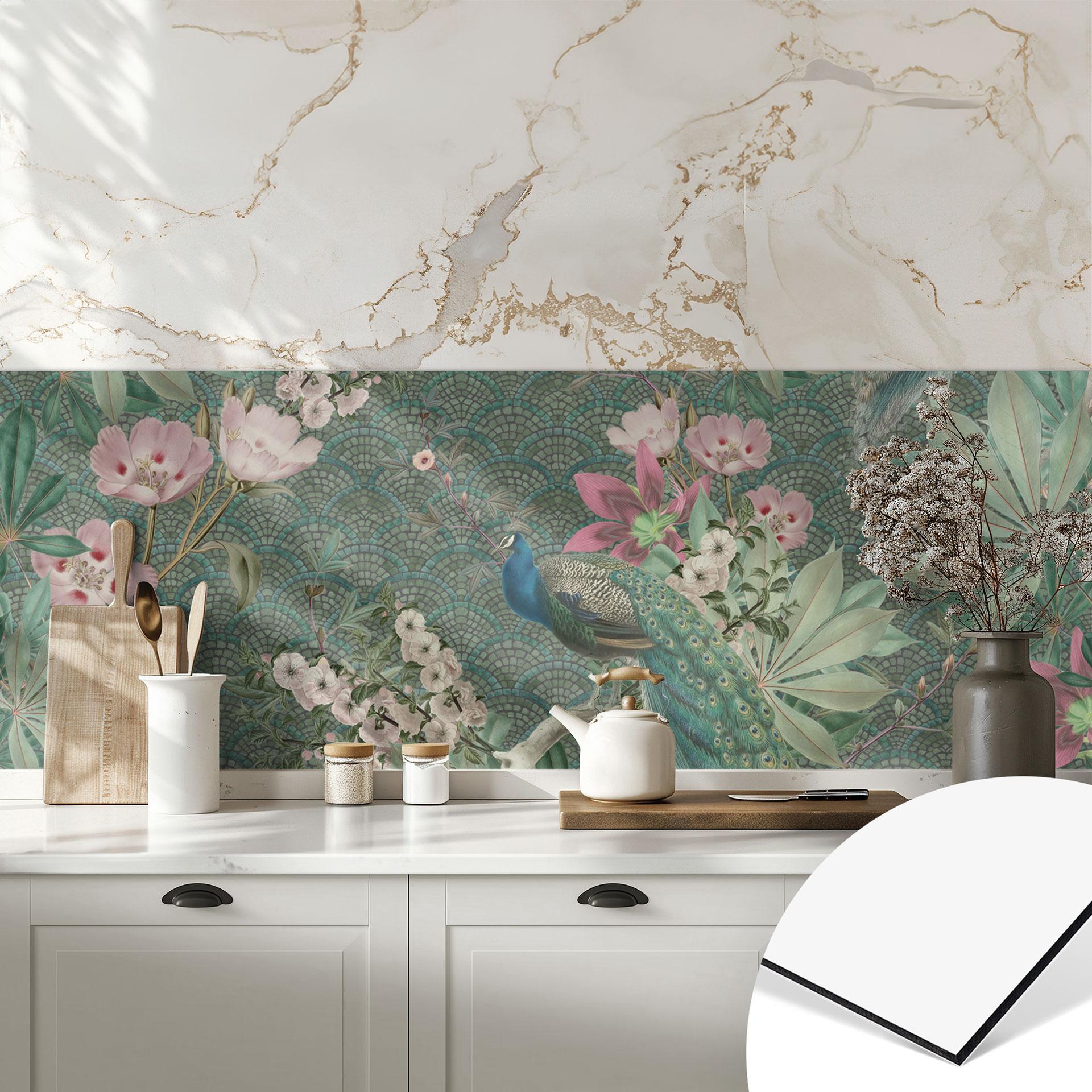 Stænkplade til køkken påfugl i tropisk have på mosaik - Bloomery Decor