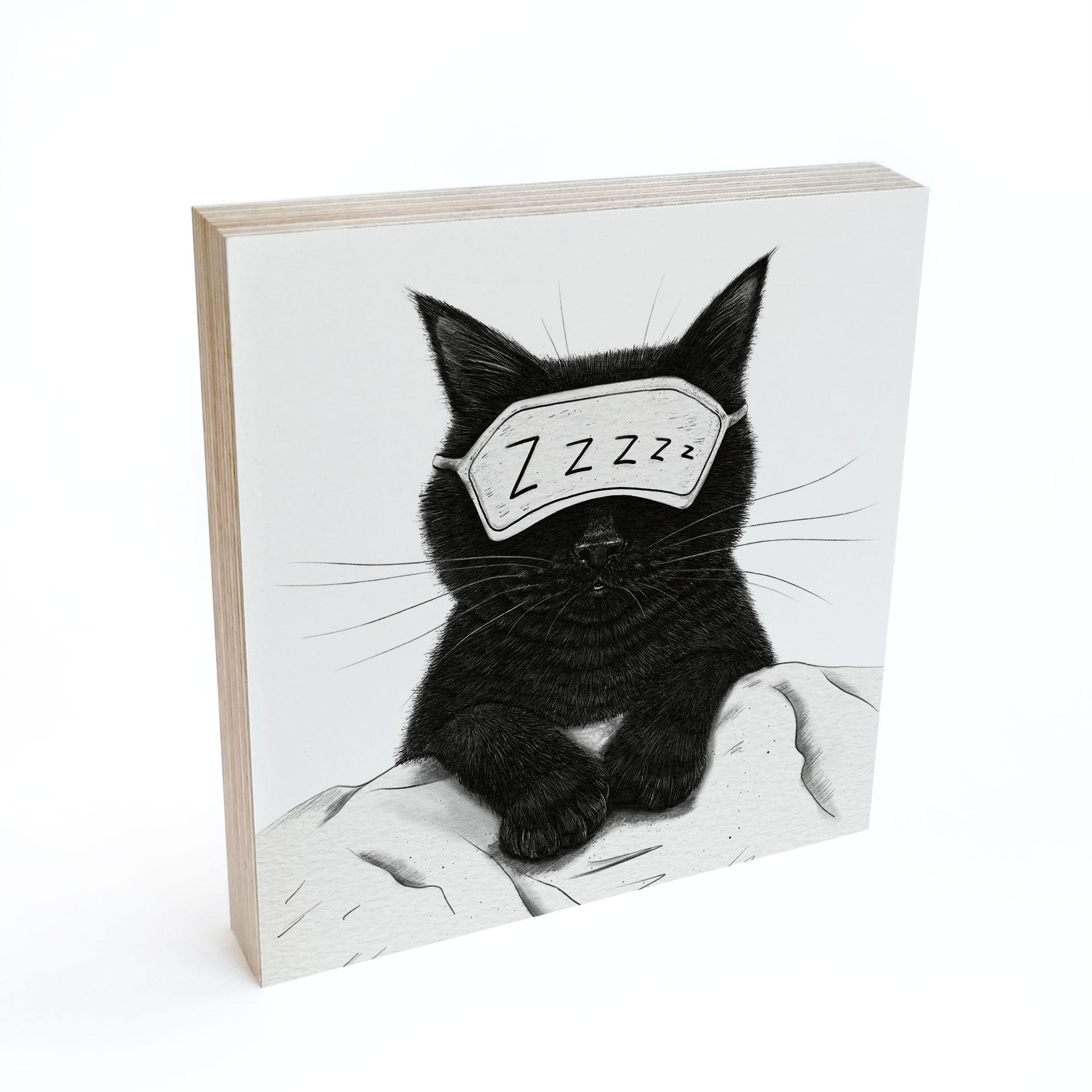 Holzbild zum Hinstellen - Schwarze Katze mit Schlafmaske - Korenkova - 15x15 cm