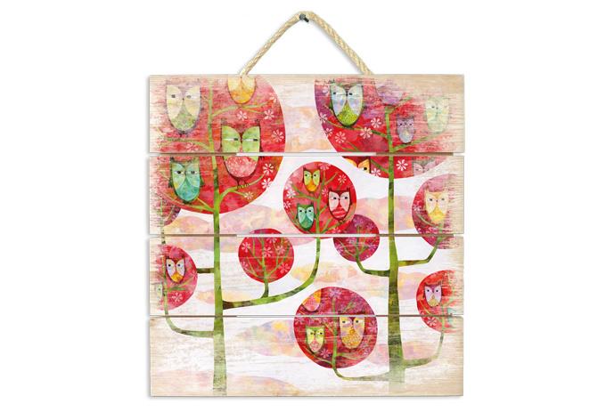 Obraz drewniany Blanz - Sowy w lesie - 40x41,5 cm