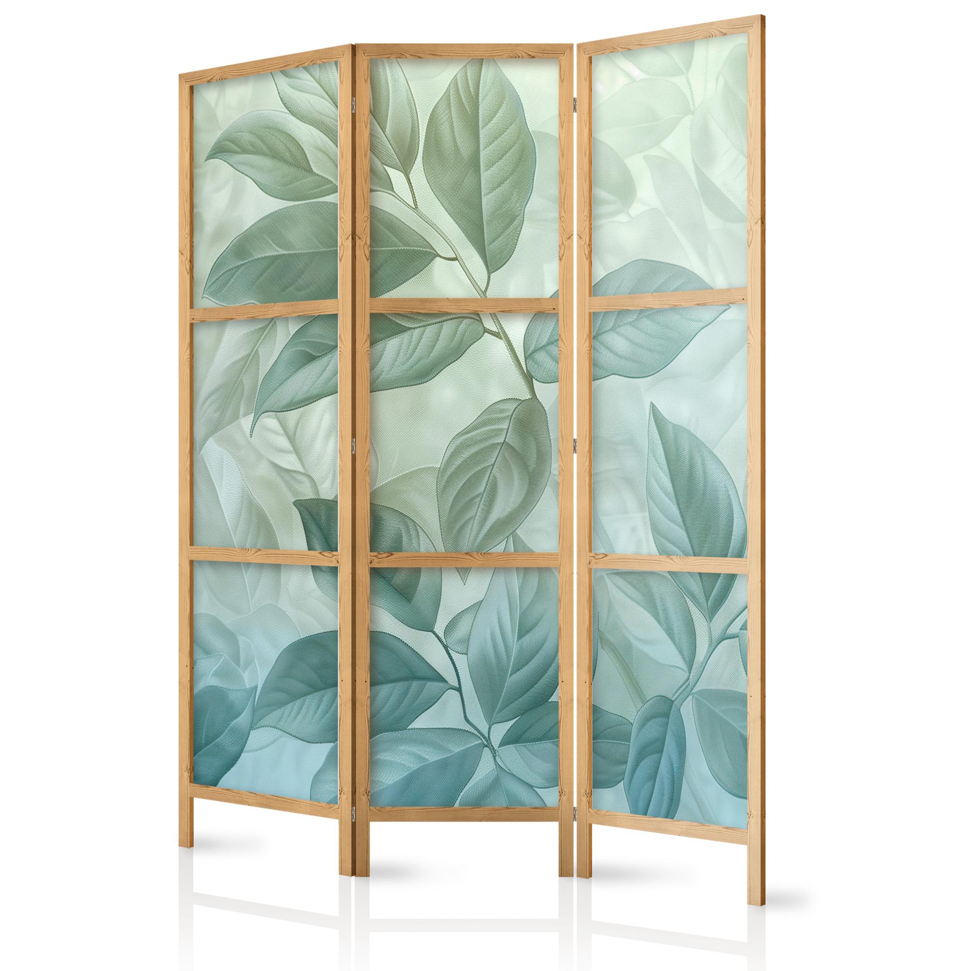 Japanischer Paravent, Raumteiler freistehend, Trennwand - Large Green-Mint Leaves